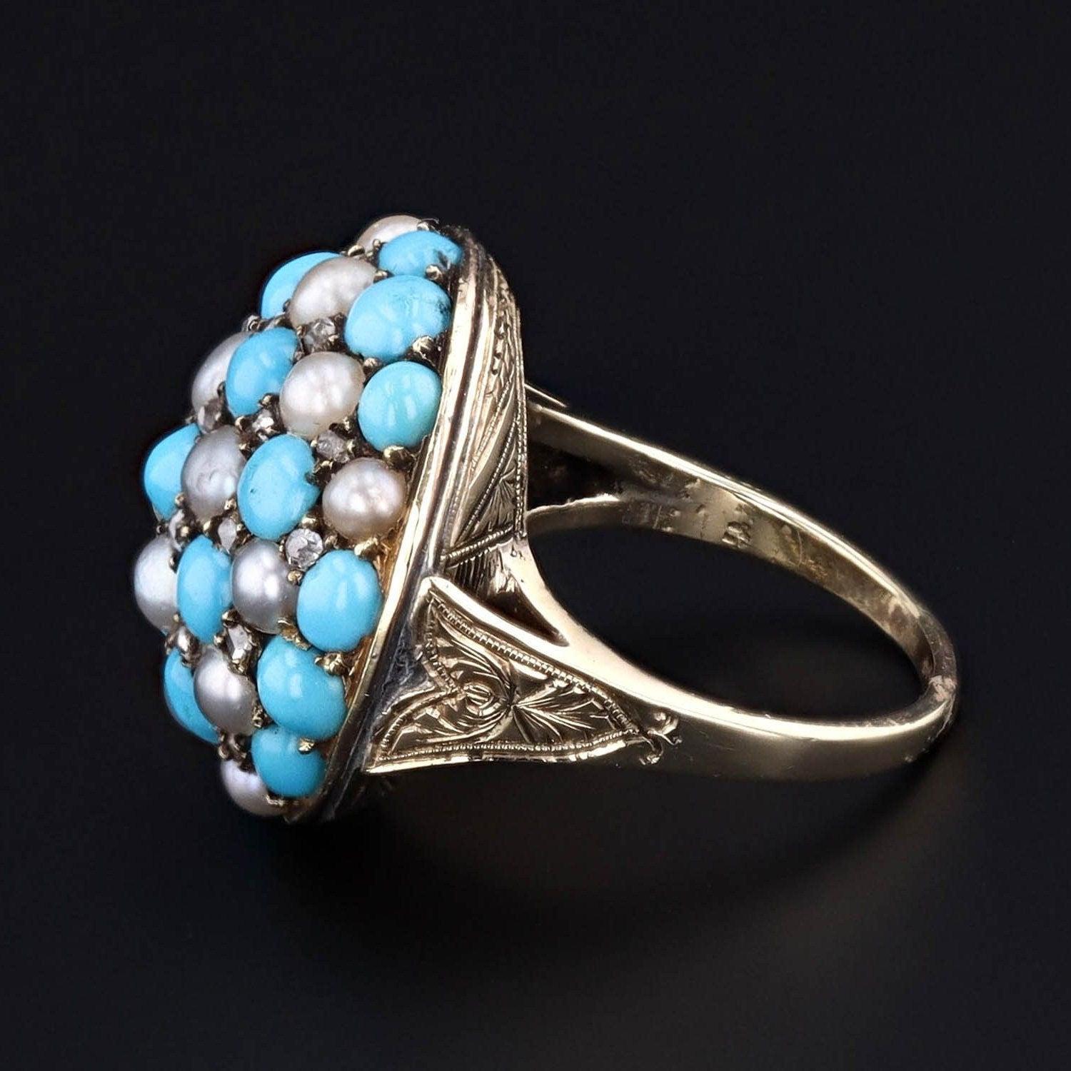 Victorian Antique Turquoise Diamond and Pearl Checkerboard Ring of 14k Gold For Sale