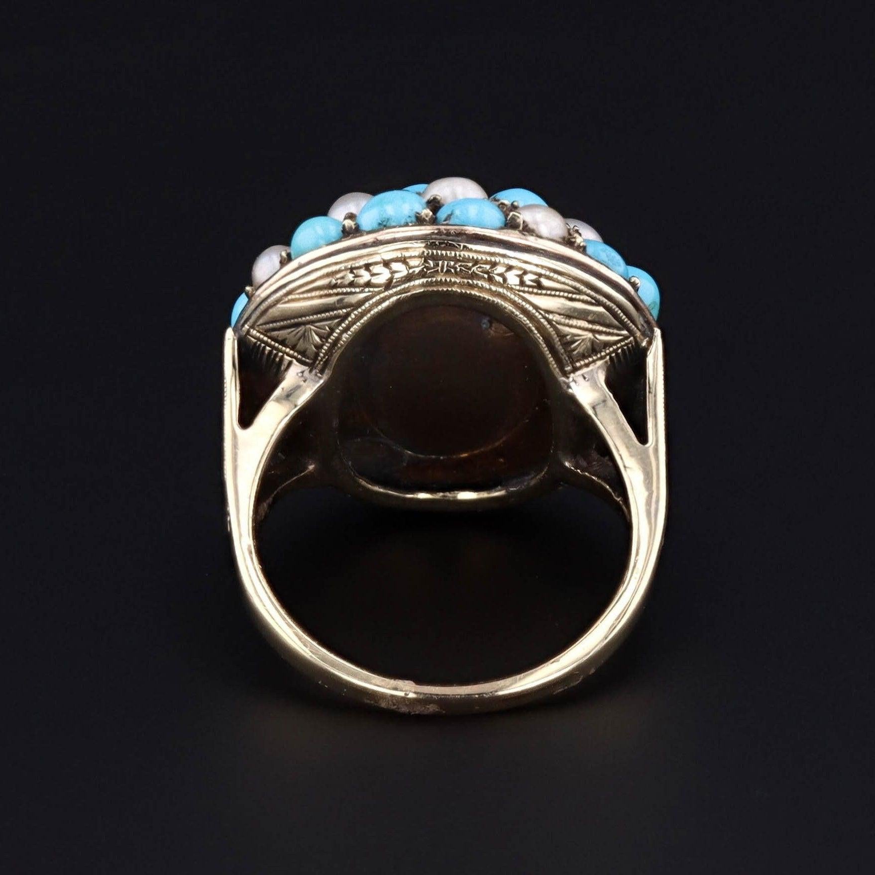 Cabochon Antique Turquoise Diamond and Pearl Checkerboard Ring of 14k Gold For Sale