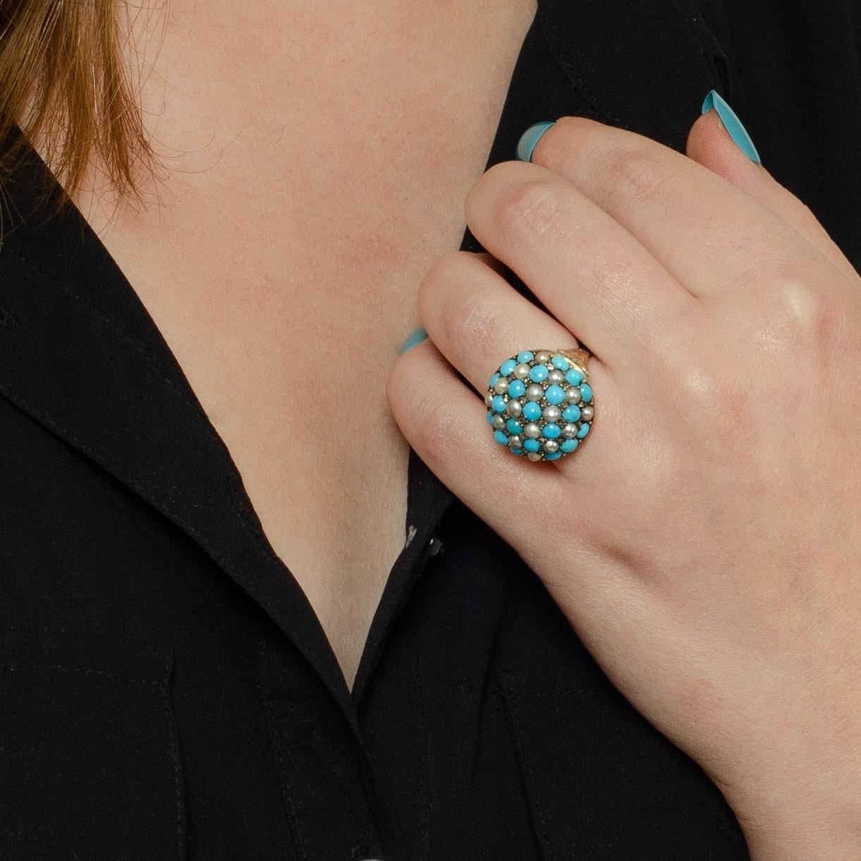 Antique Turquoise Diamond and Pearl Checkerboard Ring of 14k Gold In Good Condition For Sale In Lewisburg, PA