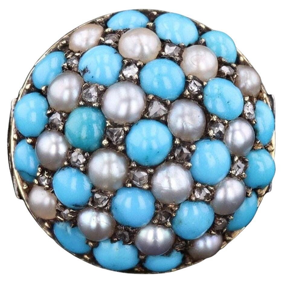 Anello antico con diamante turchese e perla a scacchiera in oro 14k