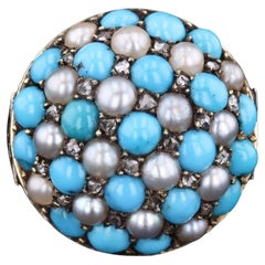 Antique Turquoise Diamond and Pearl Checkerboard Ring of 14k Gold