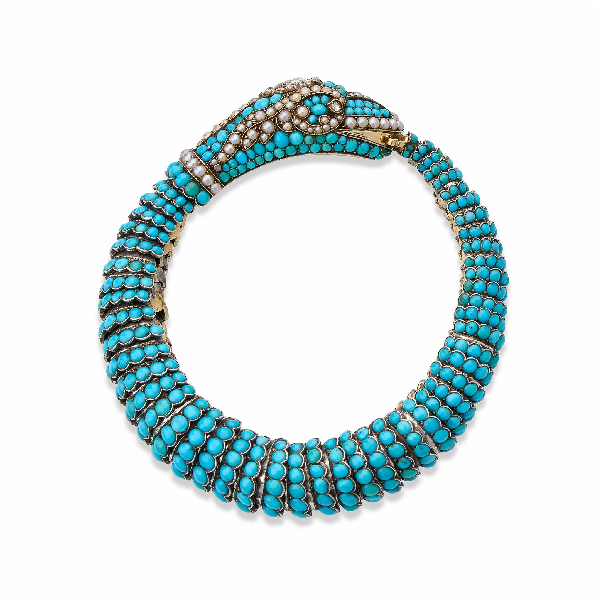 Taille cabochon Bracelet serpent ancien en turquoises, diamants et perles en vente