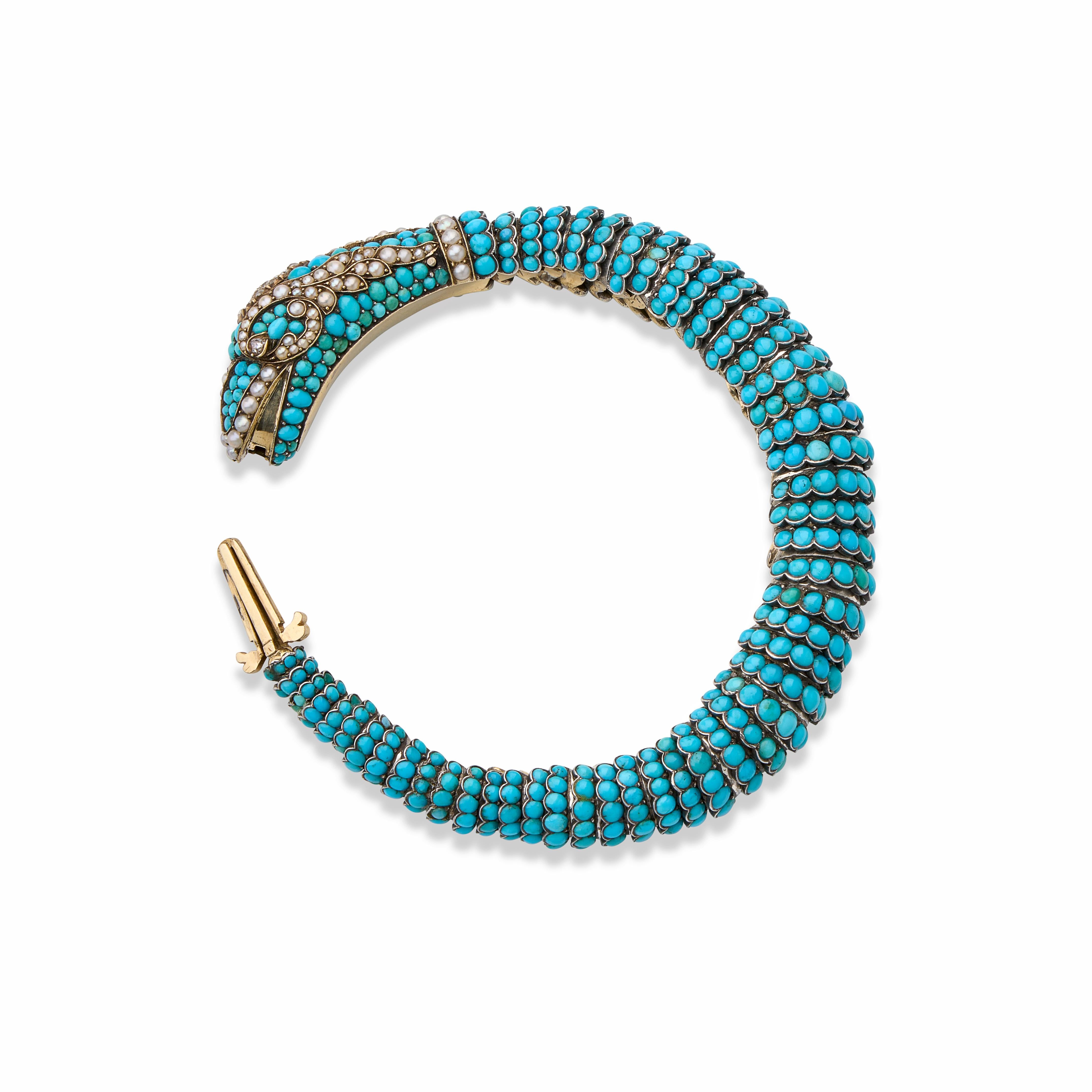 Bracelet serpent ancien en turquoises, diamants et perles Excellent état - En vente à New York, NY