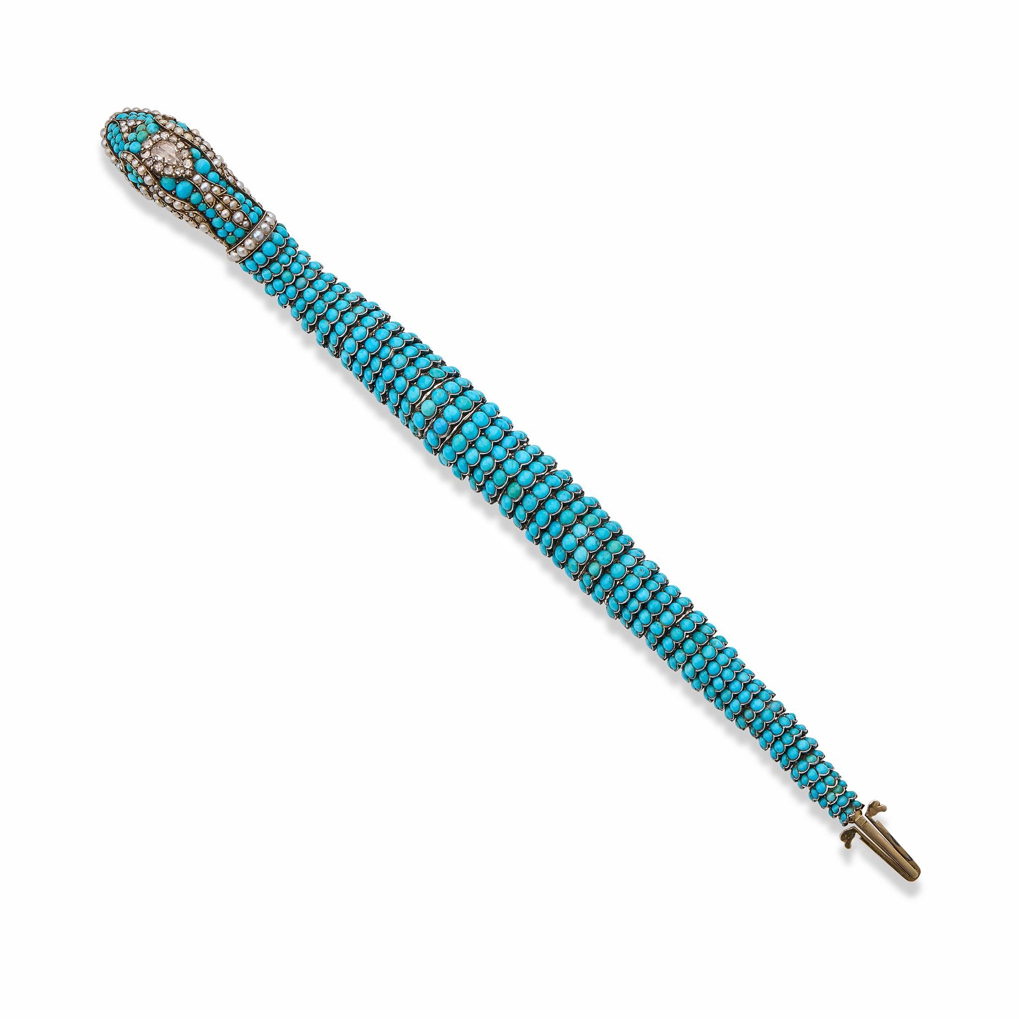 Bracelet serpent ancien en turquoises, diamants et perles Unisexe en vente