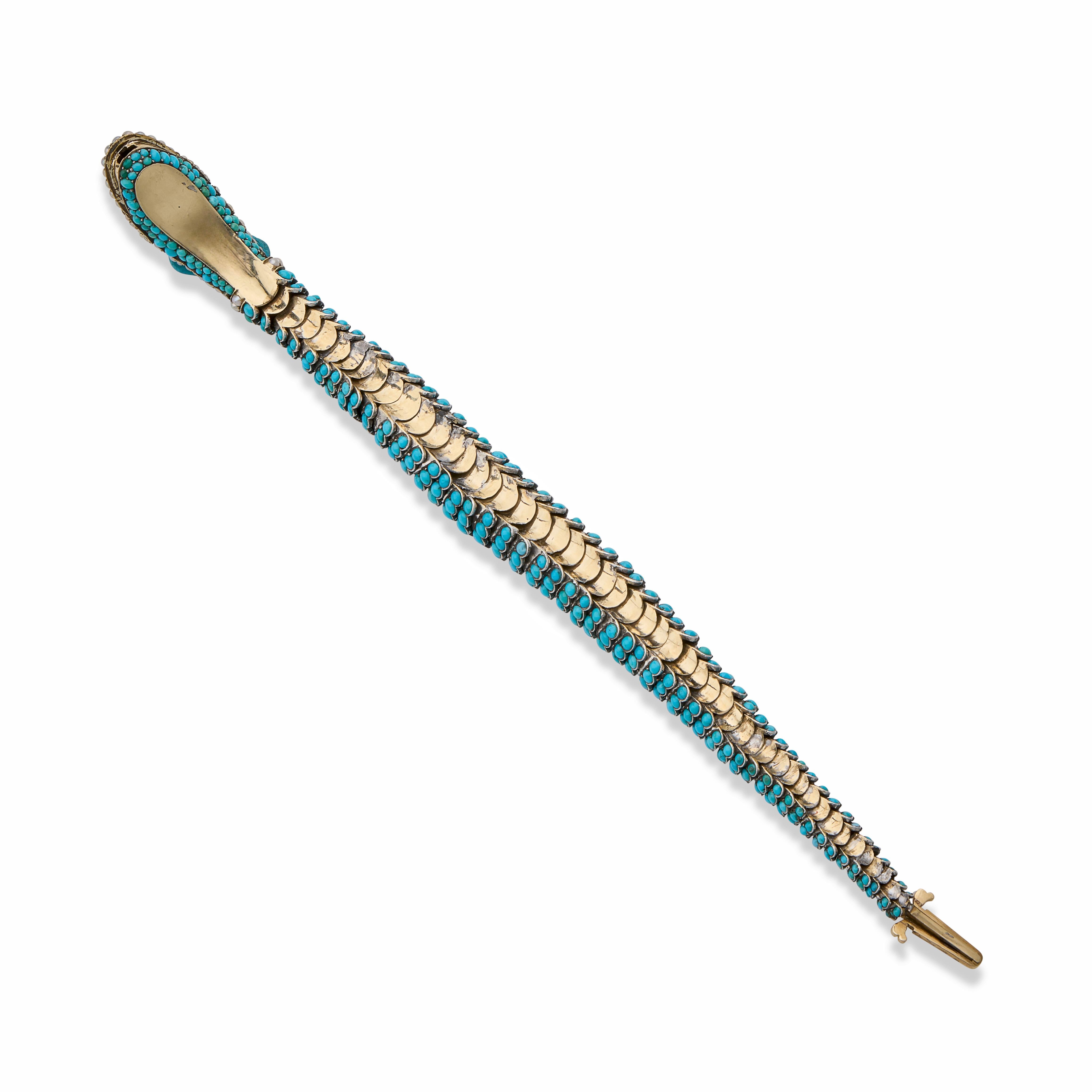 Bracelet serpent ancien en turquoises, diamants et perles en vente 1