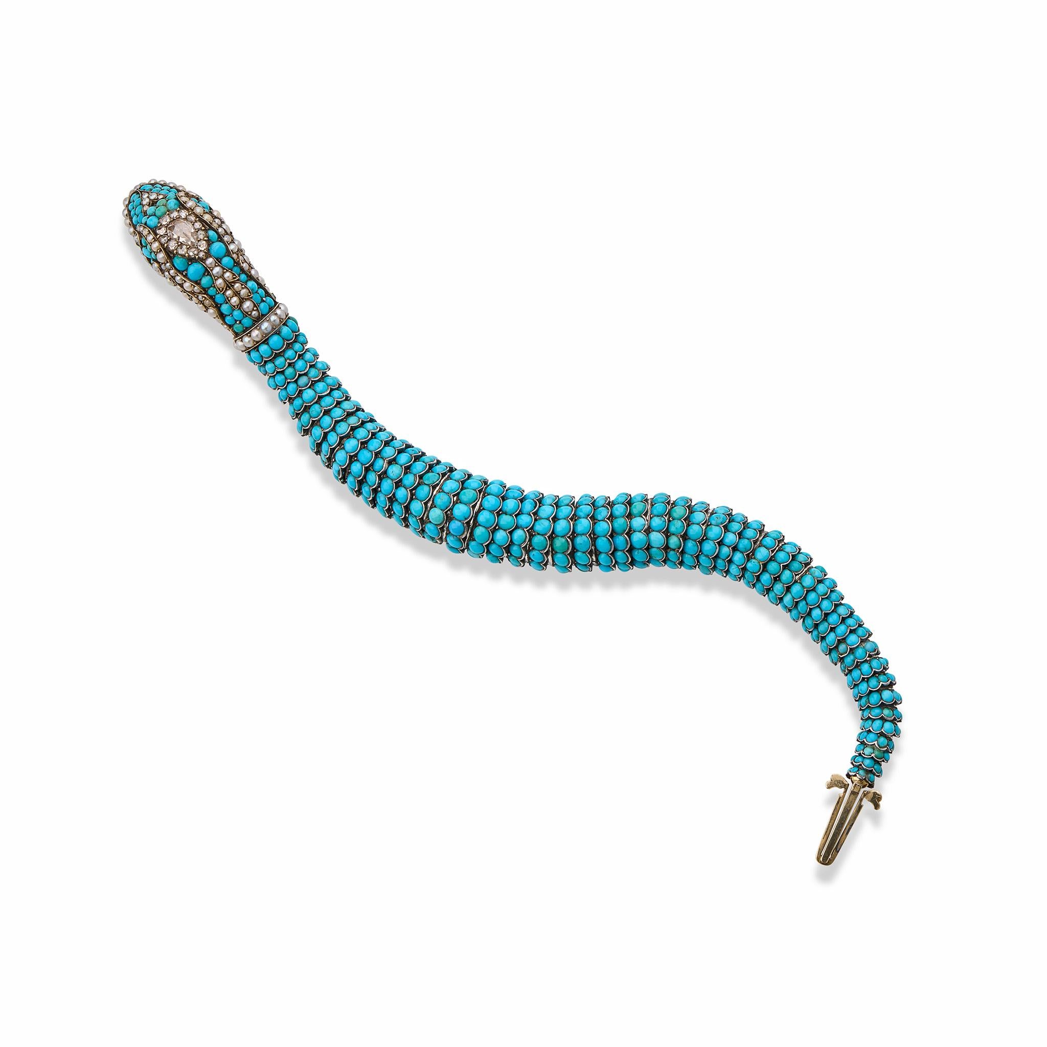 Bracelet serpent ancien en turquoises, diamants et perles en vente 2