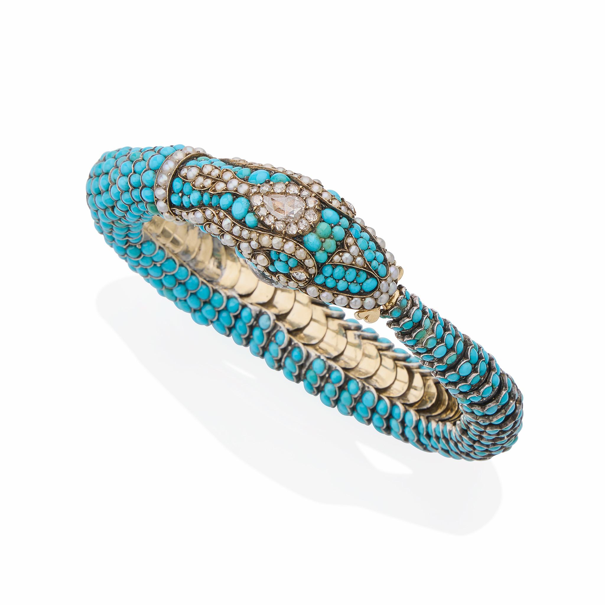 Bracelet serpent ancien en turquoises, diamants et perles en vente 3