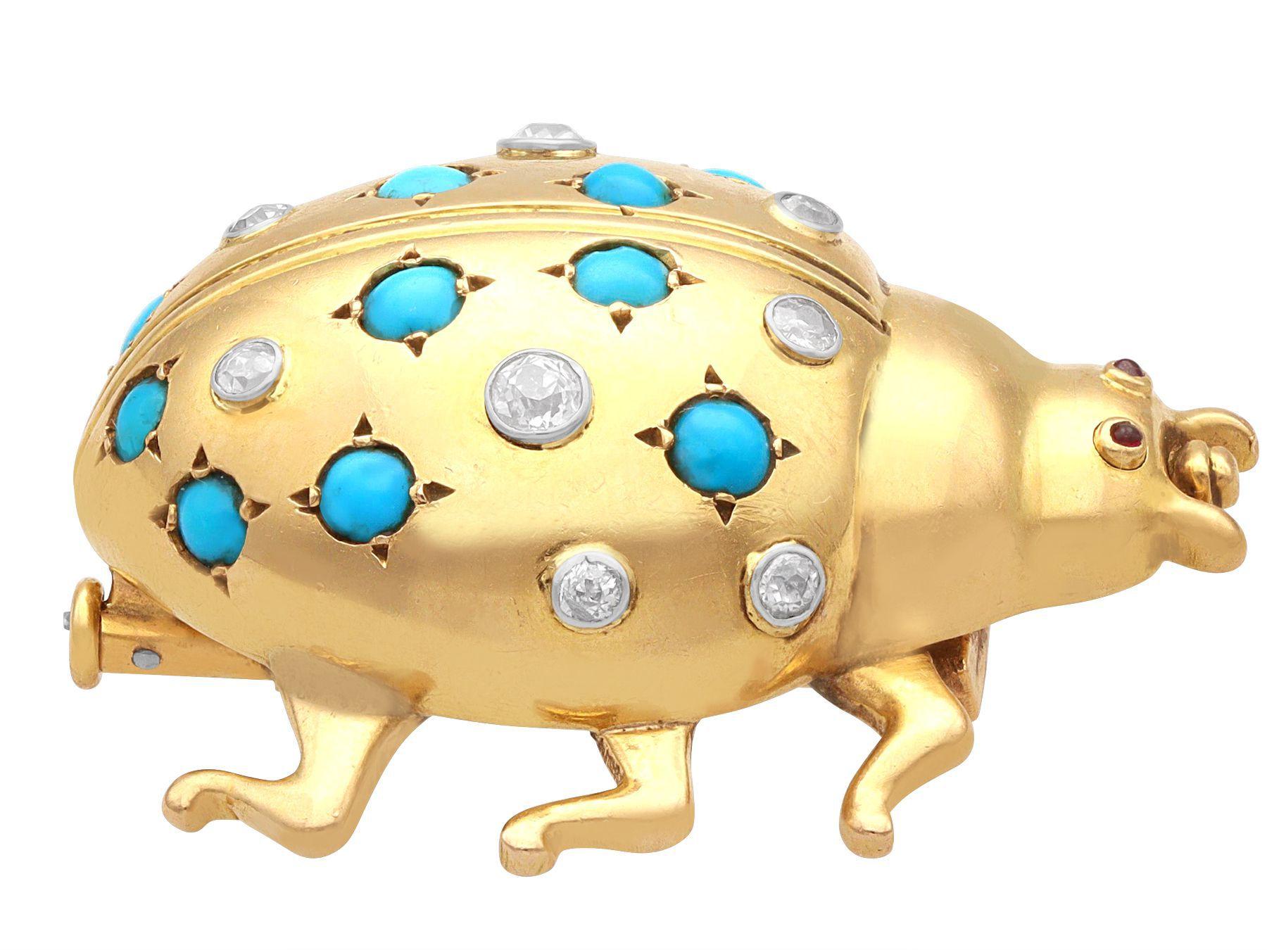 Cabochon Antique Turquoise Diamond and Ruby Yellow Gold Bug Brooch For Sale