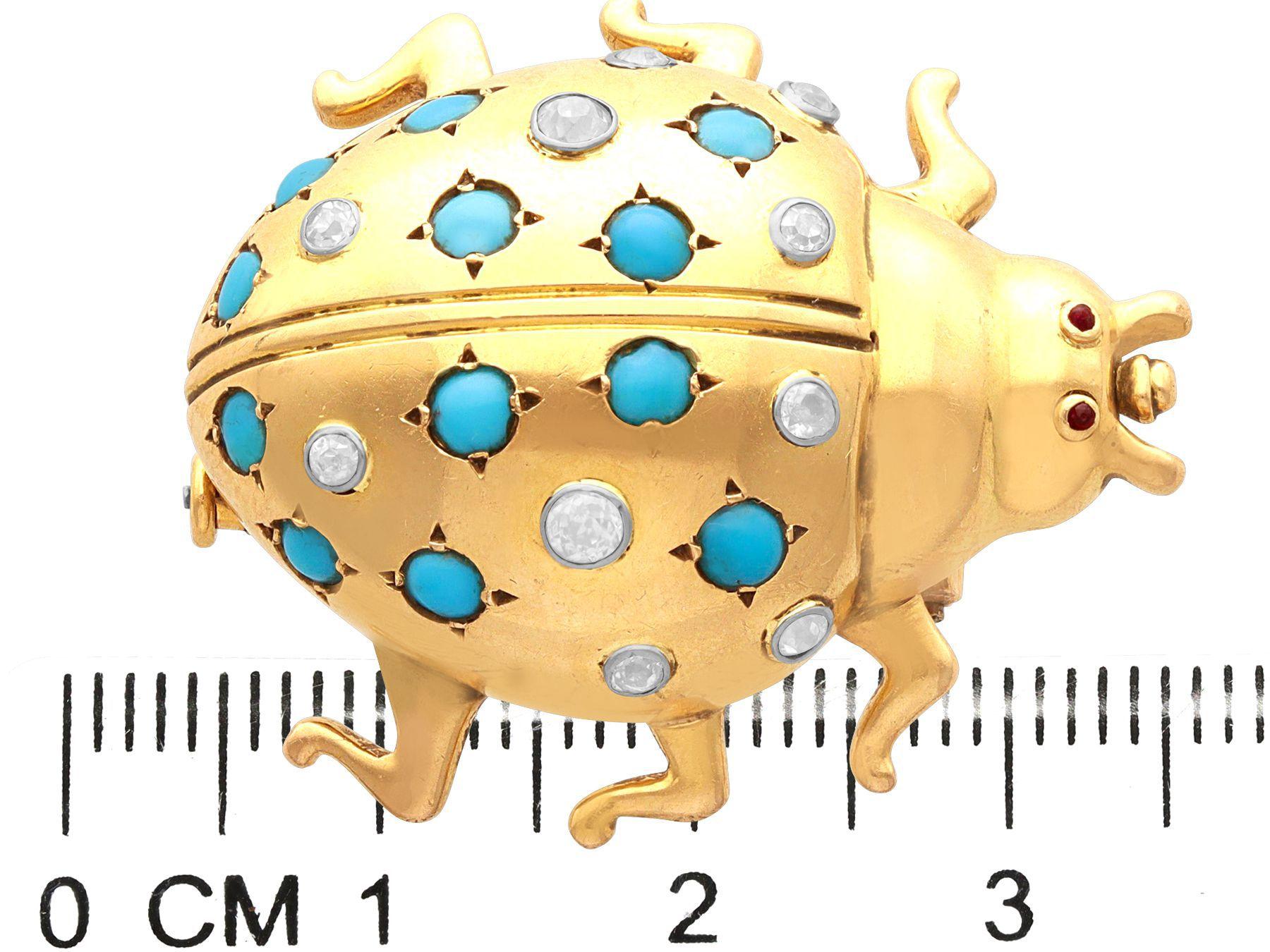 Antique Turquoise Diamond and Ruby Yellow Gold Bug Brooch For Sale 1