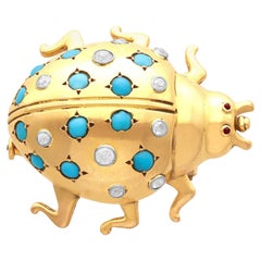 Antique Turquoise Diamond and Ruby Yellow Gold Bug Brooch