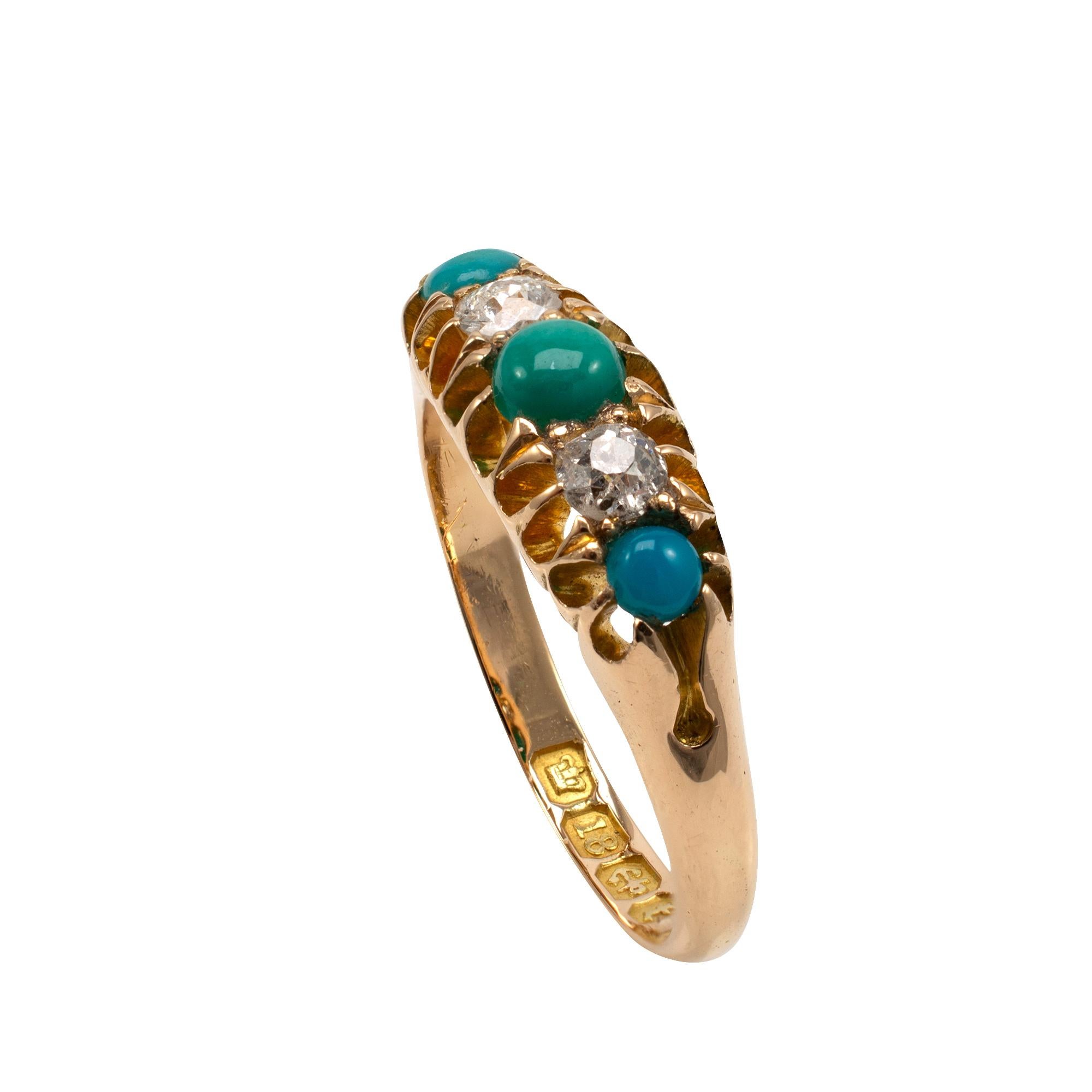 A classic turquoise and diamond ladies ring, crafted in 18k yellow gold, hallmarked Birmingham 1893.

Features graduating turquoise with beautifully clean old cut diamonds. A classic design with cut out detail shoulders to give a unique finish.

The