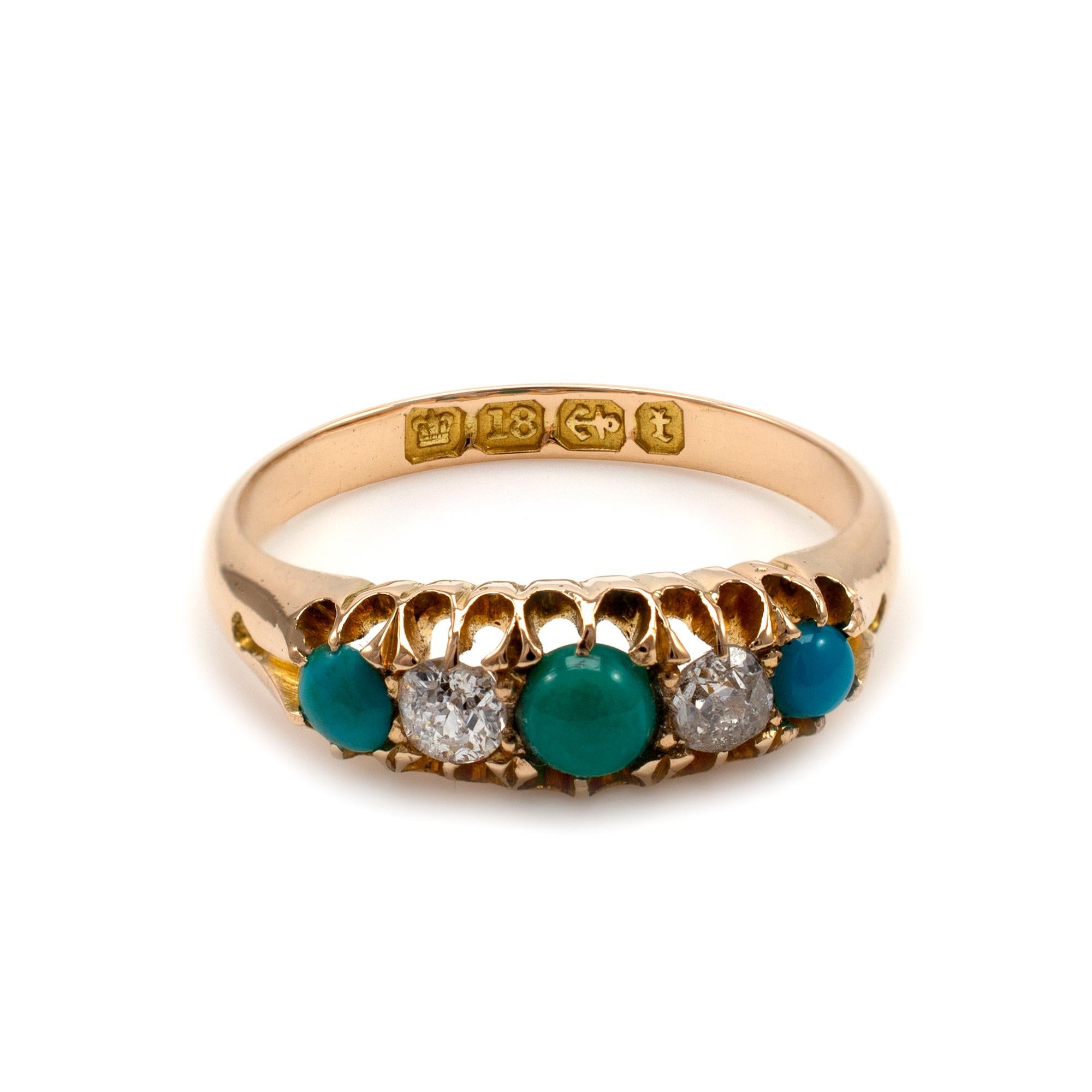Old European Cut Antique Turquoise and Diamond Boat Shape Ring 18 Karat Yellow Gold, Dated 1893