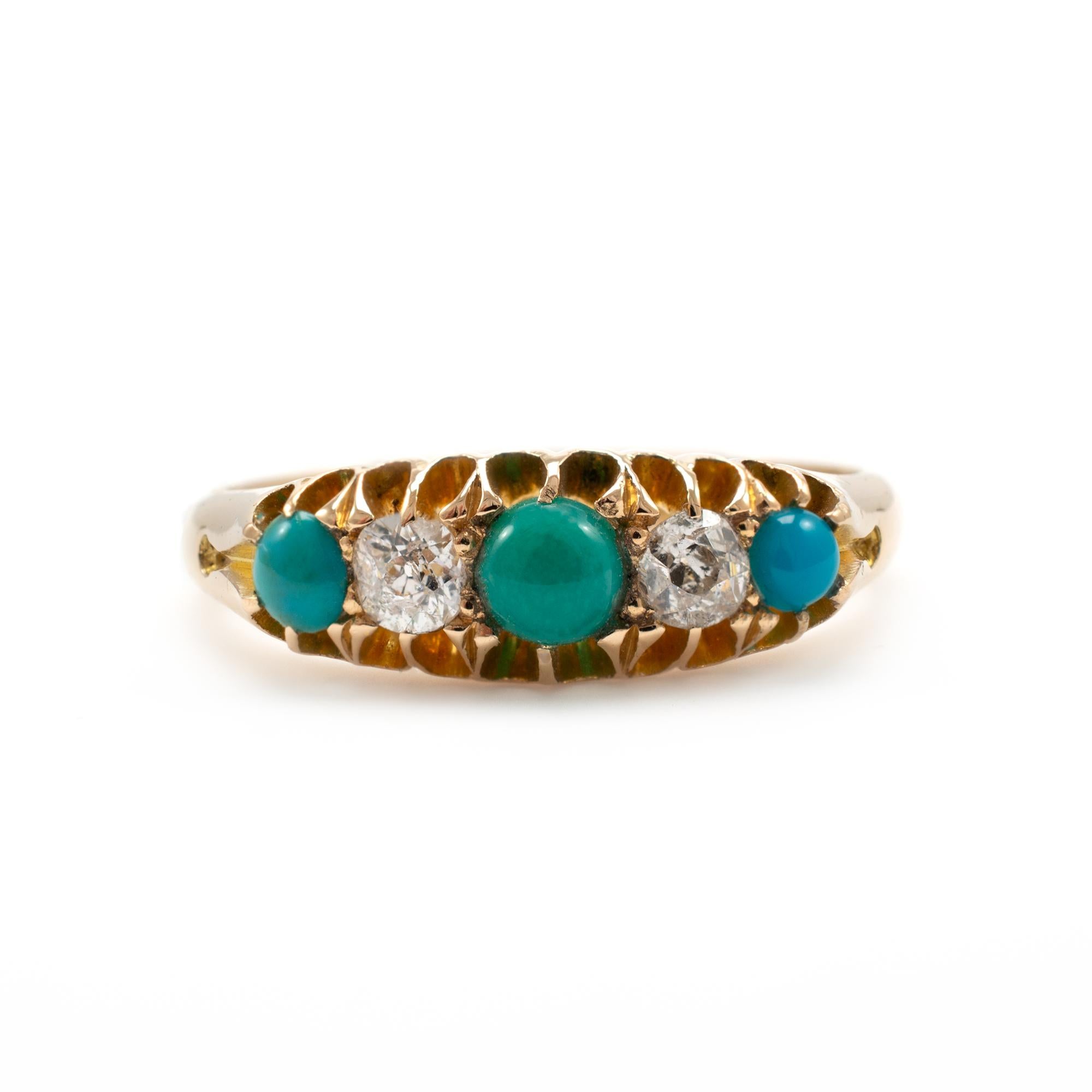 Women's Antique Turquoise and Diamond Boat Shape Ring 18 Karat Yellow Gold, Dated 1893