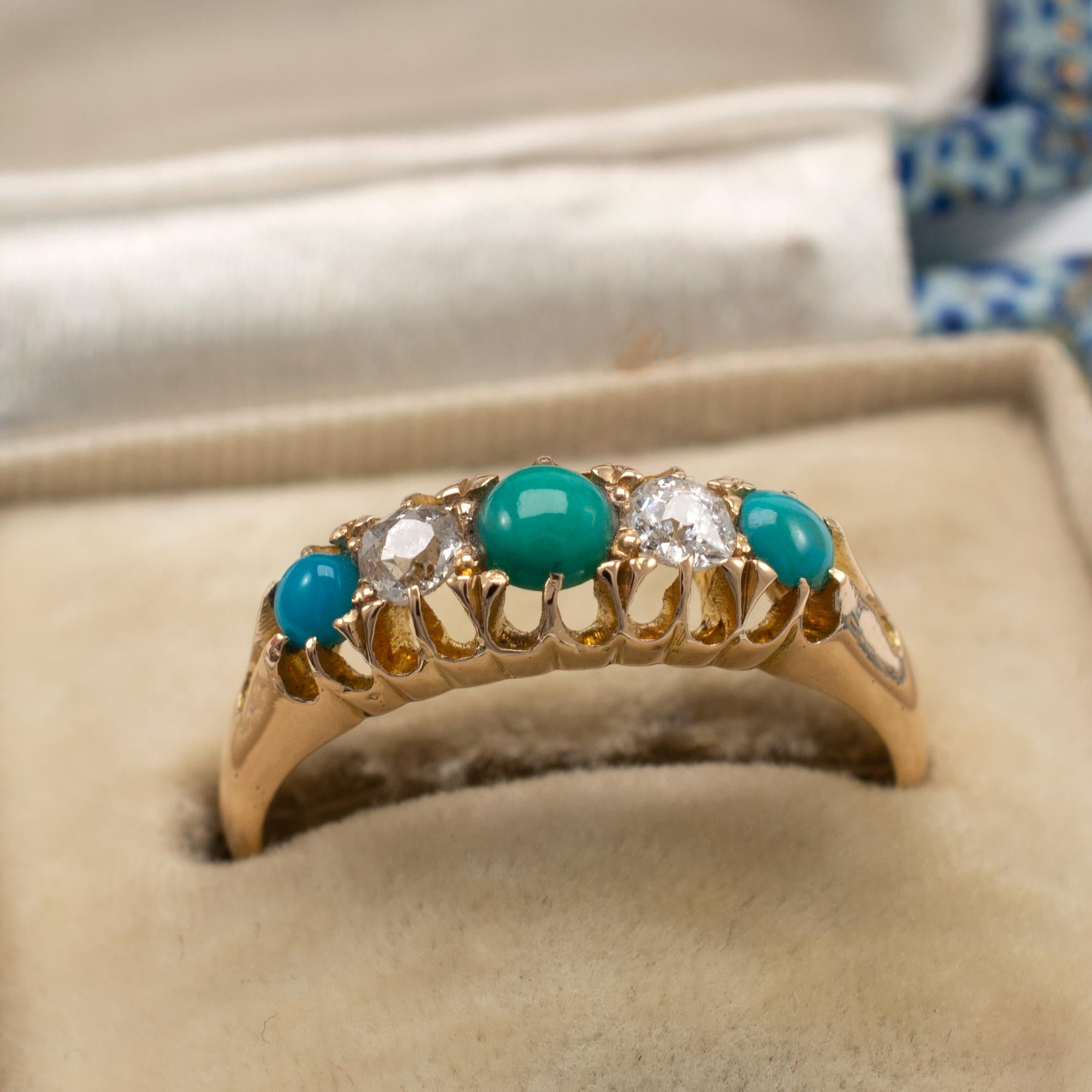 Antique Turquoise and Diamond Boat Shape Ring 18 Karat Yellow Gold, Dated 1893 1