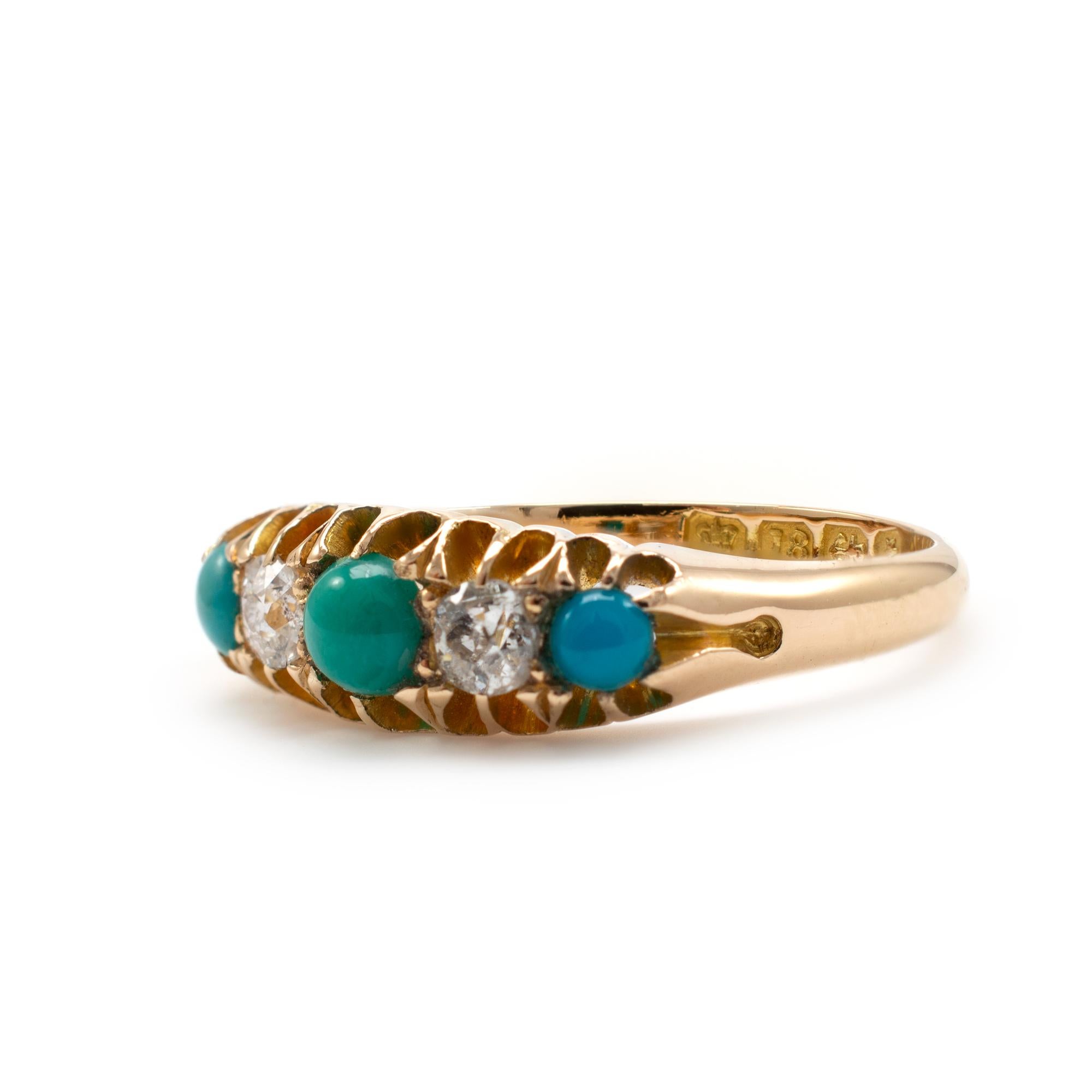 Antique Turquoise and Diamond Boat Shape Ring 18 Karat Yellow Gold, Dated 1893 2