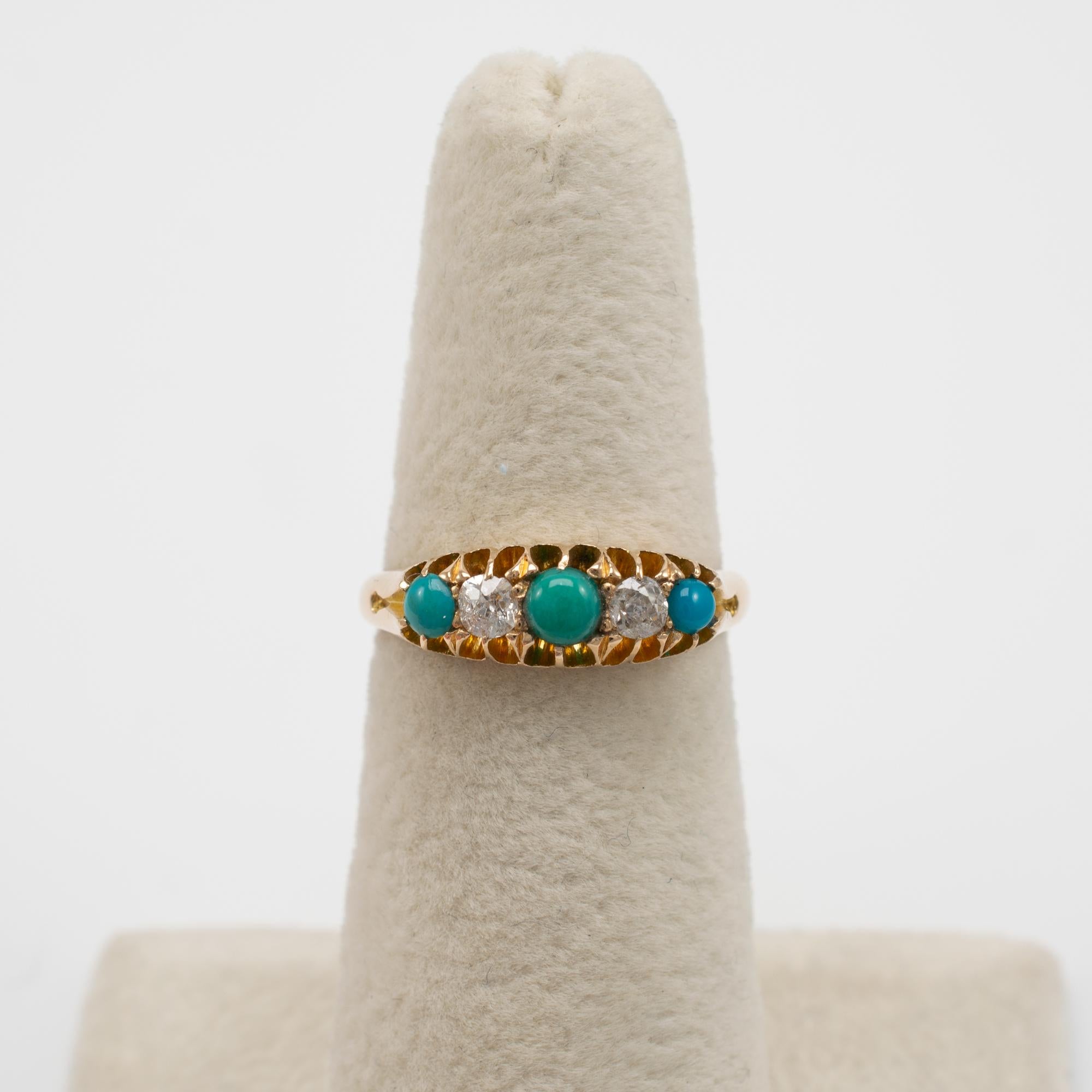 Antique Turquoise and Diamond Boat Shape Ring 18 Karat Yellow Gold, Dated 1893 4