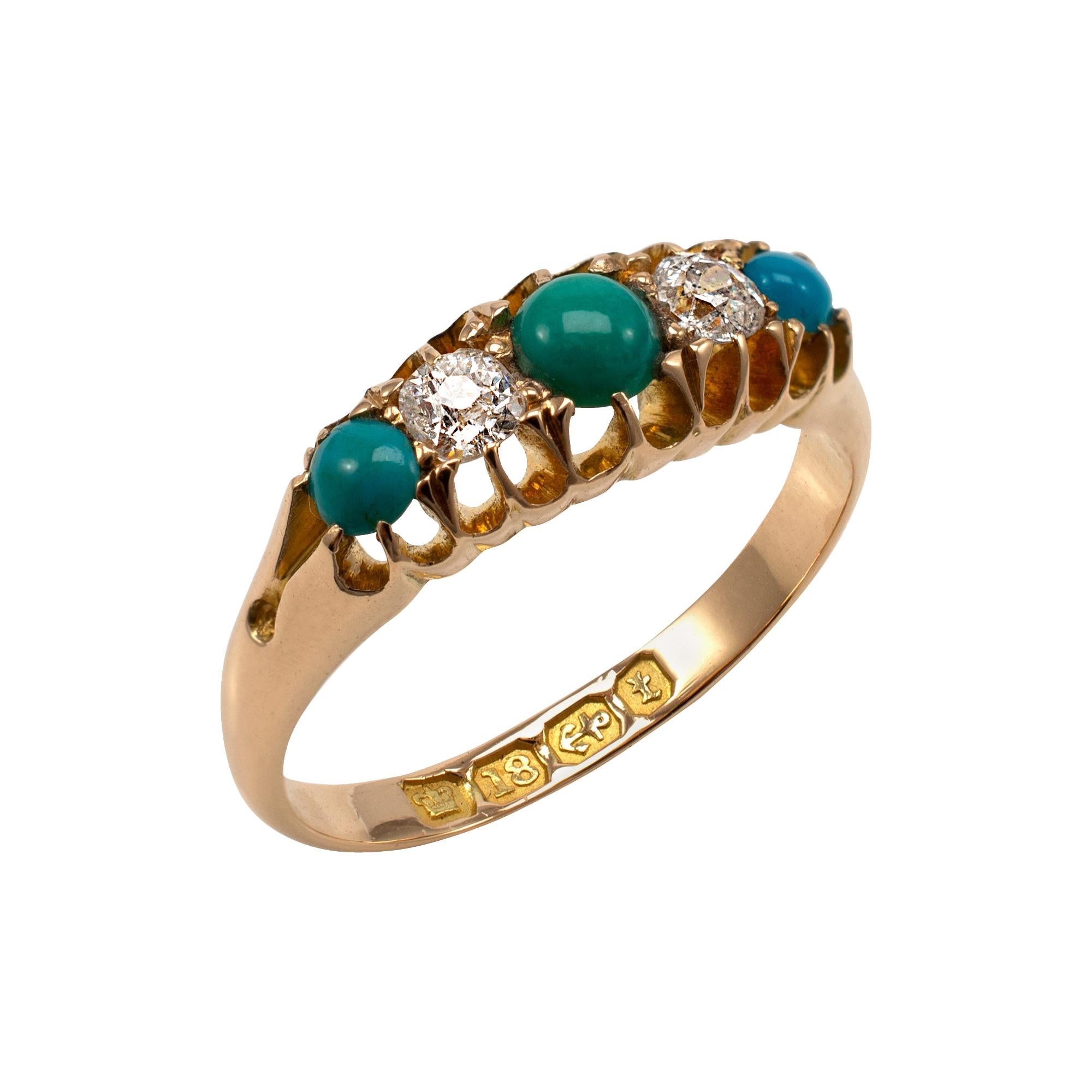 Antique Turquoise and Diamond Boat Shape Ring 18 Karat Yellow Gold, Dated 1893