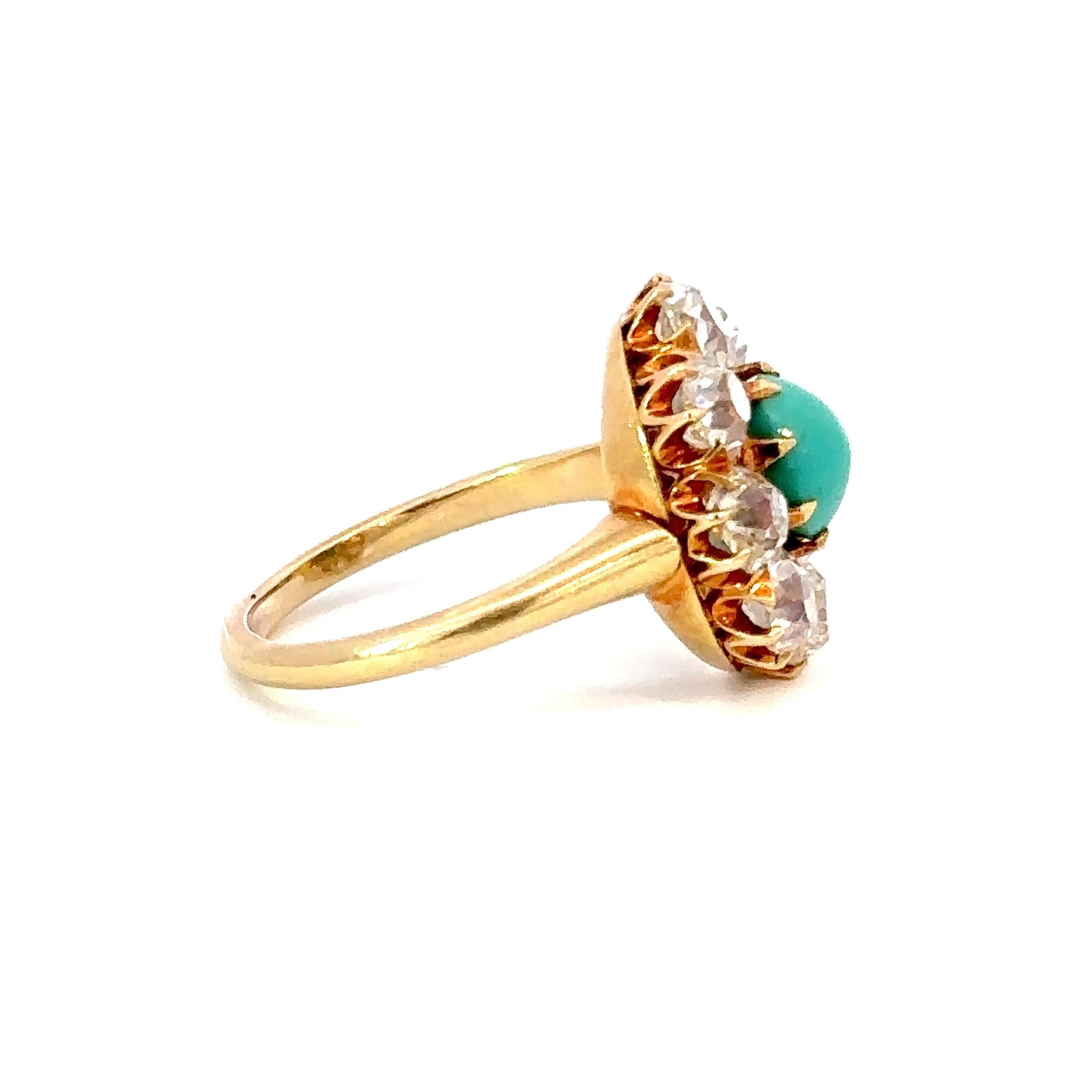 Cabochon Anello antico con turchese e diamanti in oro 18 carati, 1890 ca. in vendita
