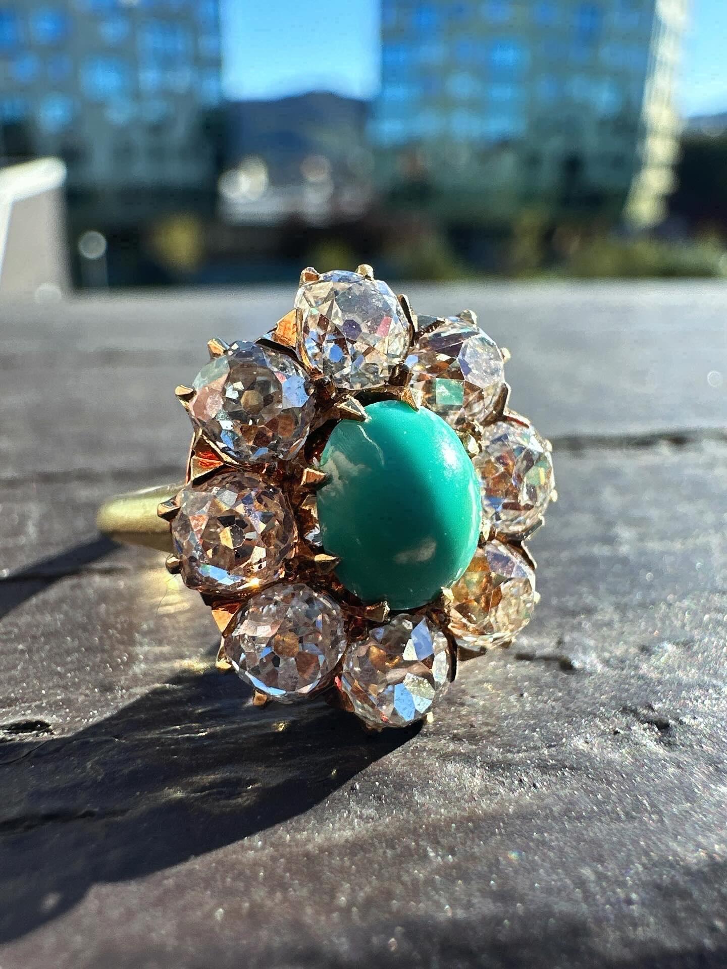 Anello antico con turchese e diamanti in oro 18 carati, 1890 ca. In condizioni buone in vendita a Sandnes, NO
