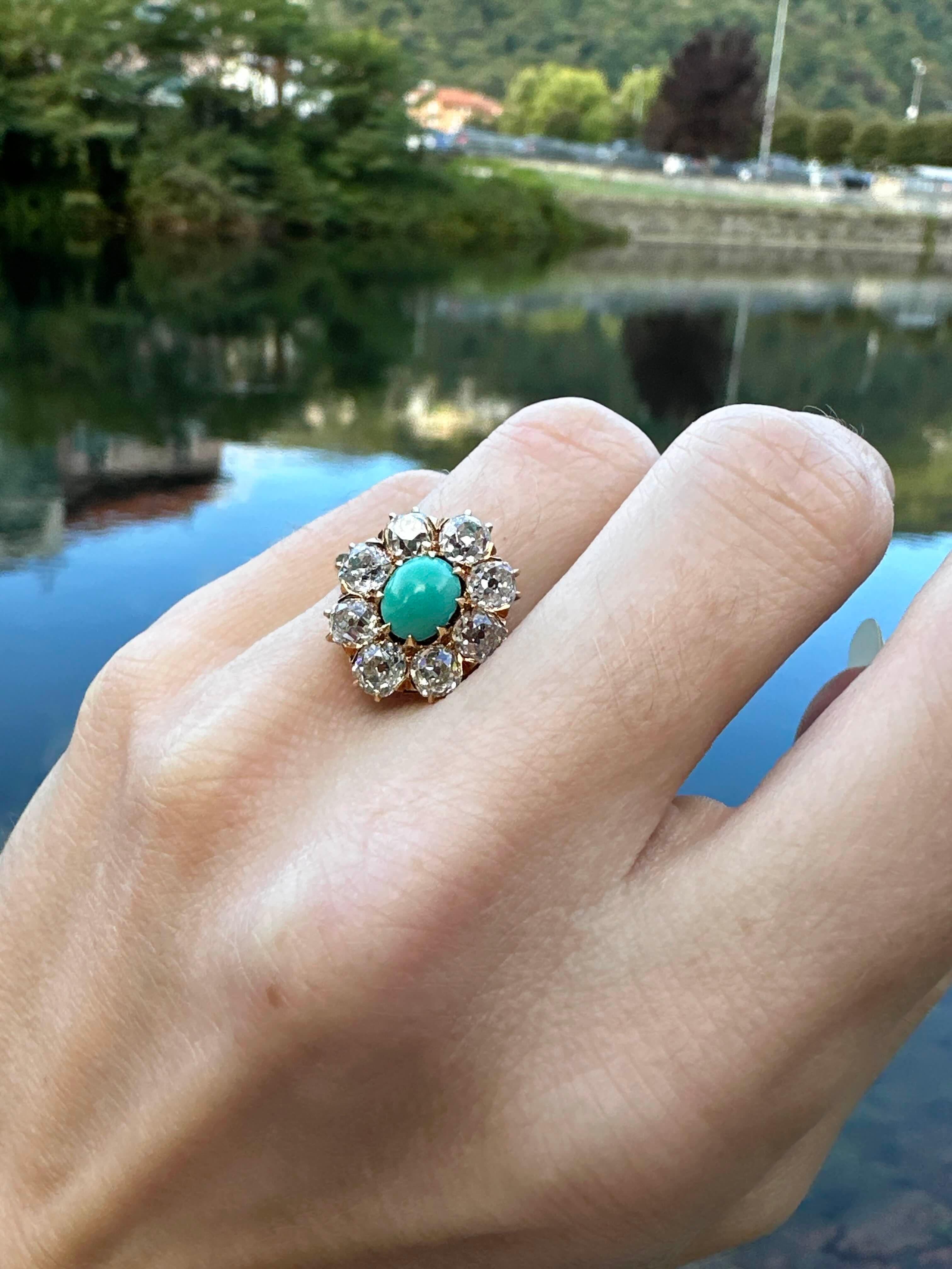 da uomo o donna Anello antico con turchese e diamanti in oro 18 carati, 1890 ca. in vendita