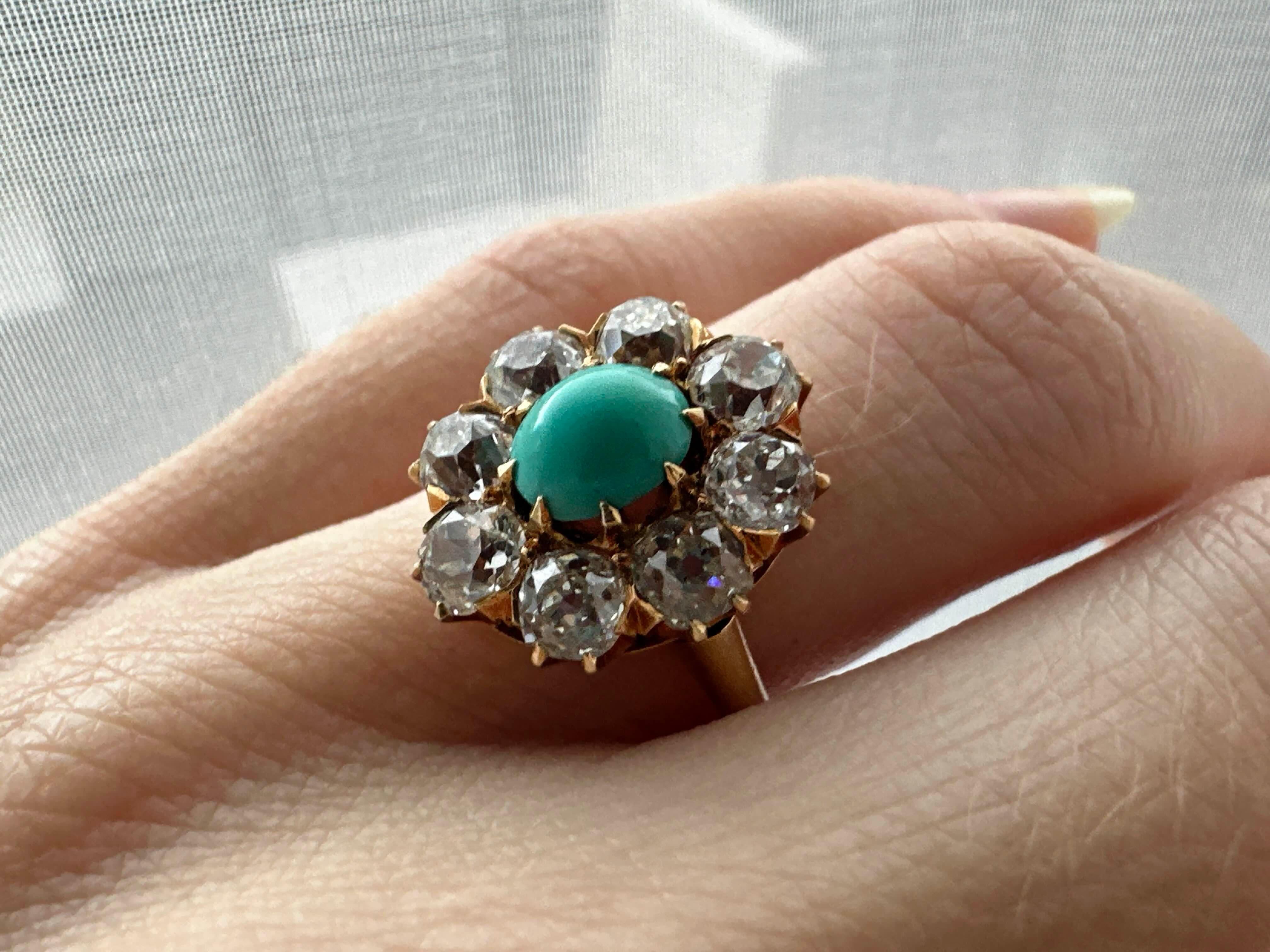 Anello antico con turchese e diamanti in oro 18 carati, 1890 ca. in vendita 2