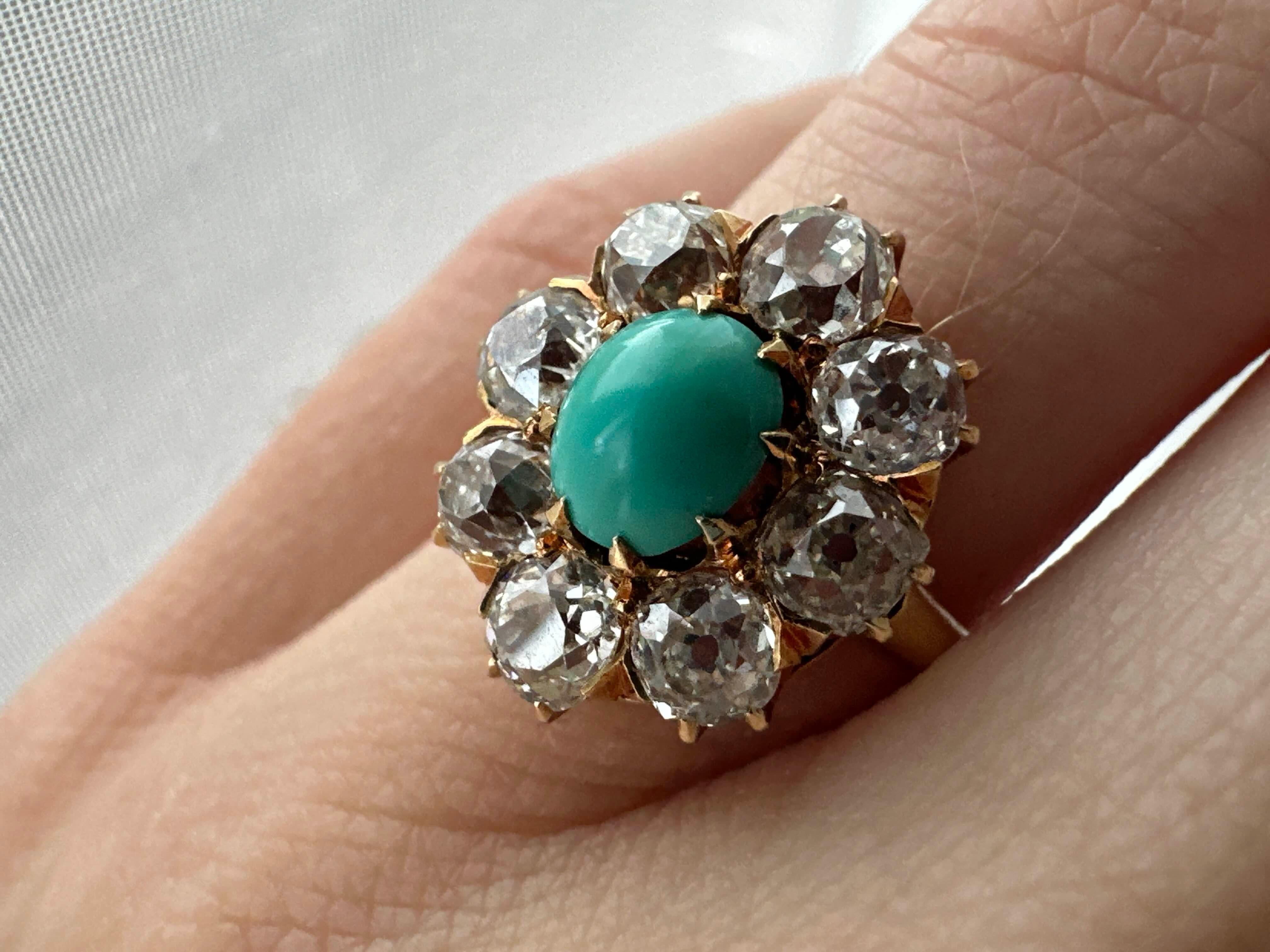 Anello antico con turchese e diamanti in oro 18 carati, 1890 ca. in vendita 3