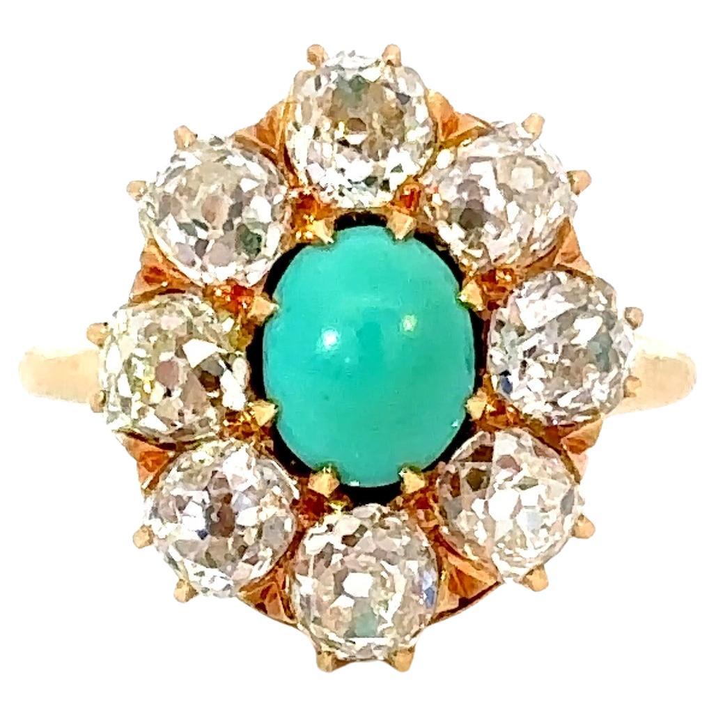Antique Turquoise & Diamond Cluster Ring in 18kt Gold c.1890