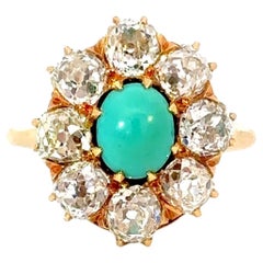 Antique Turquoise & Diamond Cluster Ring in 18kt Gold c.1890