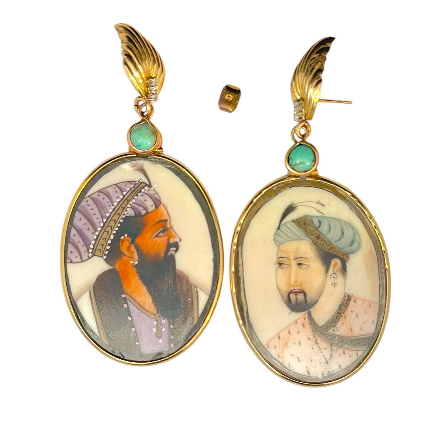 Antique Turquoise & Diamond Mughal Portrait Solid Yellow Gold Earrings In Good Condition For Sale In New York, NY
