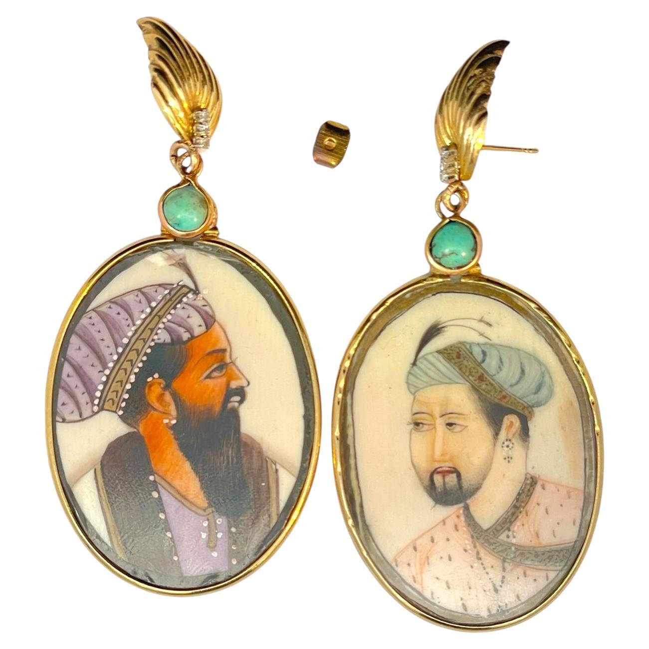 Antique Turquoise & Diamond Mughal Portrait Solid Yellow Gold Earrings For Sale