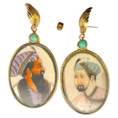 Antique Turquoise & Diamond Mughal Portrait Solid Yellow Gold Earrings