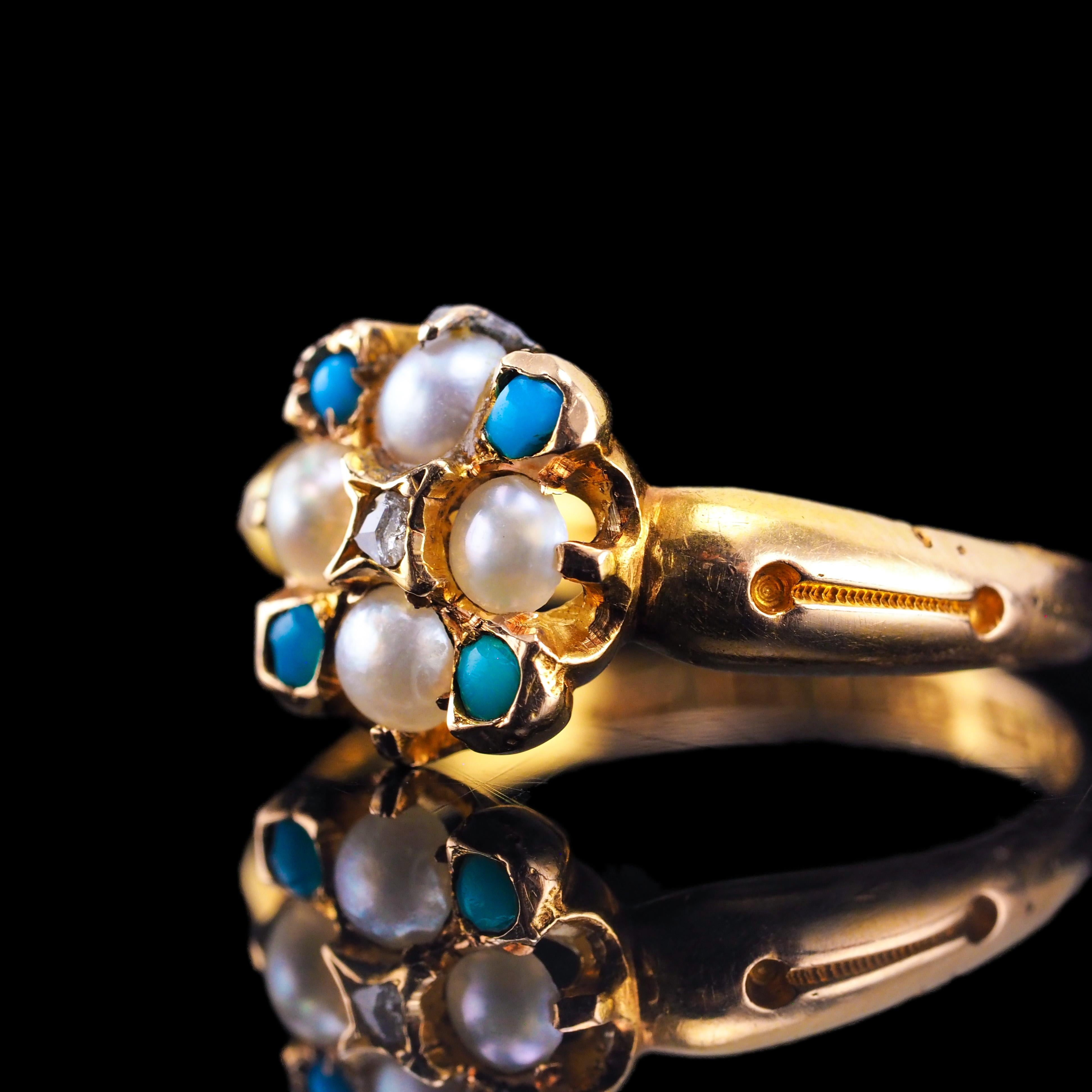 Antique Turquoise, Diamond & Pearl Ring 15K Gold Victorian Flower Cluster 1897 For Sale 5