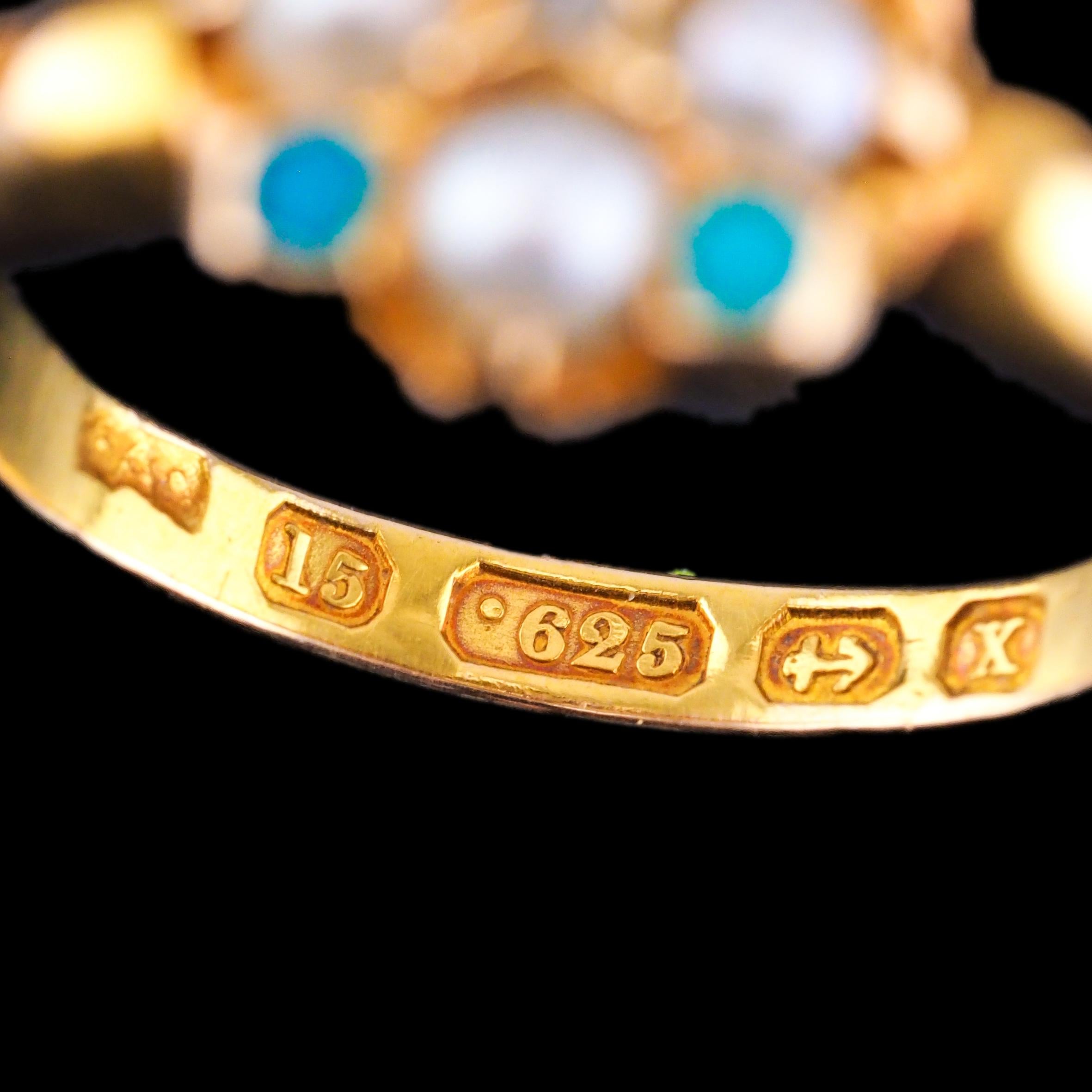 Antique Turquoise, Diamond & Pearl Ring 15K Gold Victorian Flower Cluster 1897 For Sale 6
