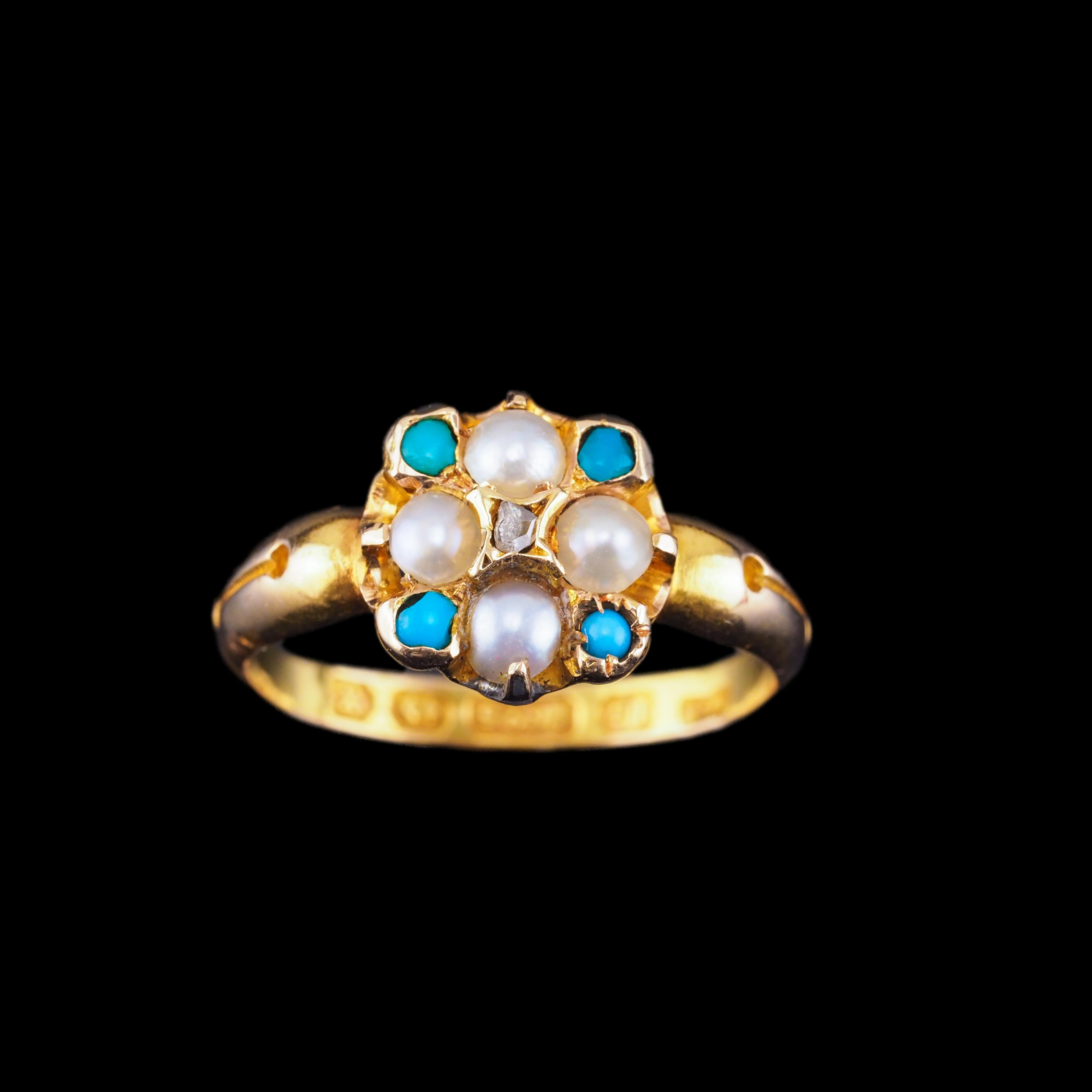 Bague ancienne en or 15K Turquoise, diamant et perle, fleur victorienne 1897 en vente 7