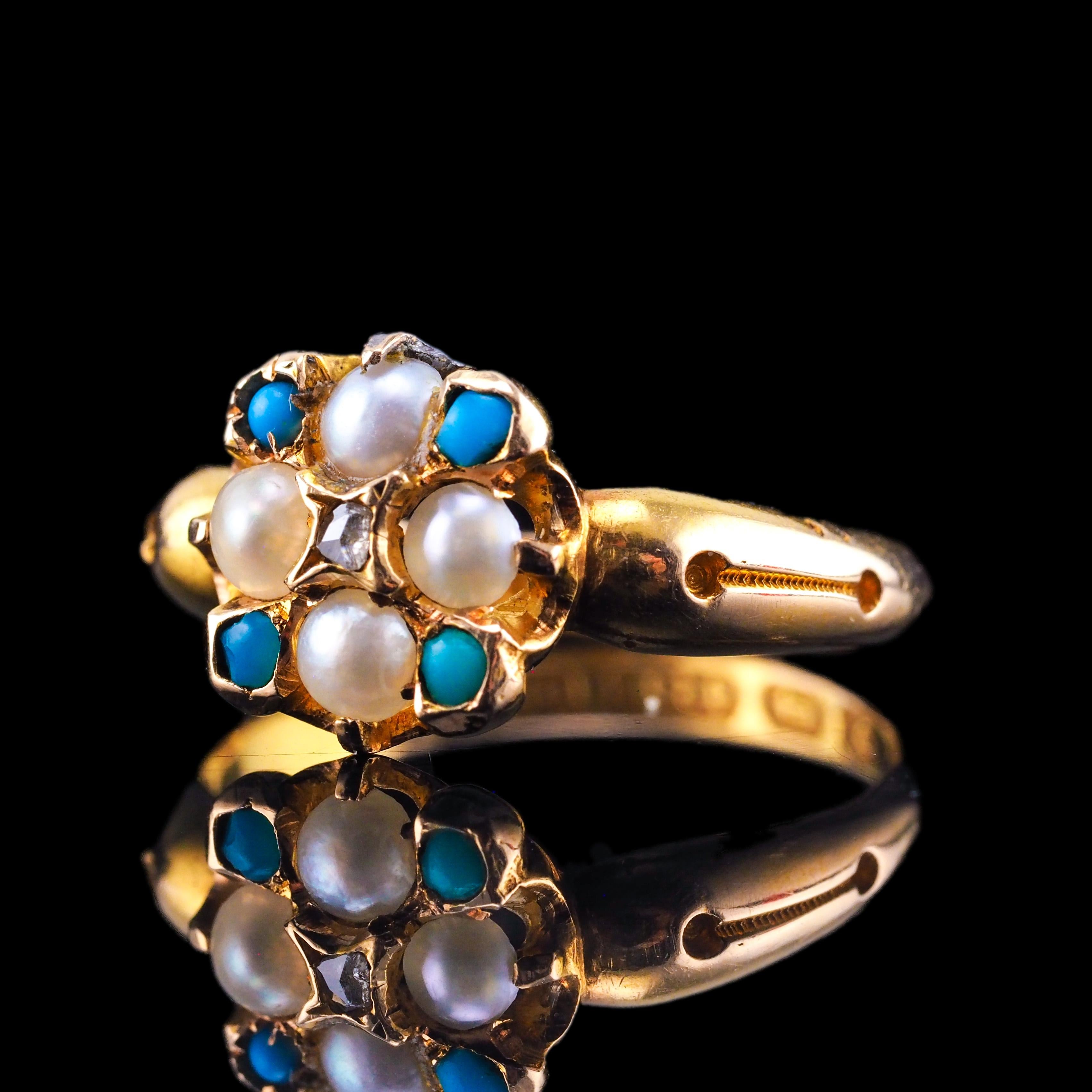 Antique Turquoise, Diamond & Pearl Ring 15K Gold Victorian Flower Cluster 1897 For Sale 8