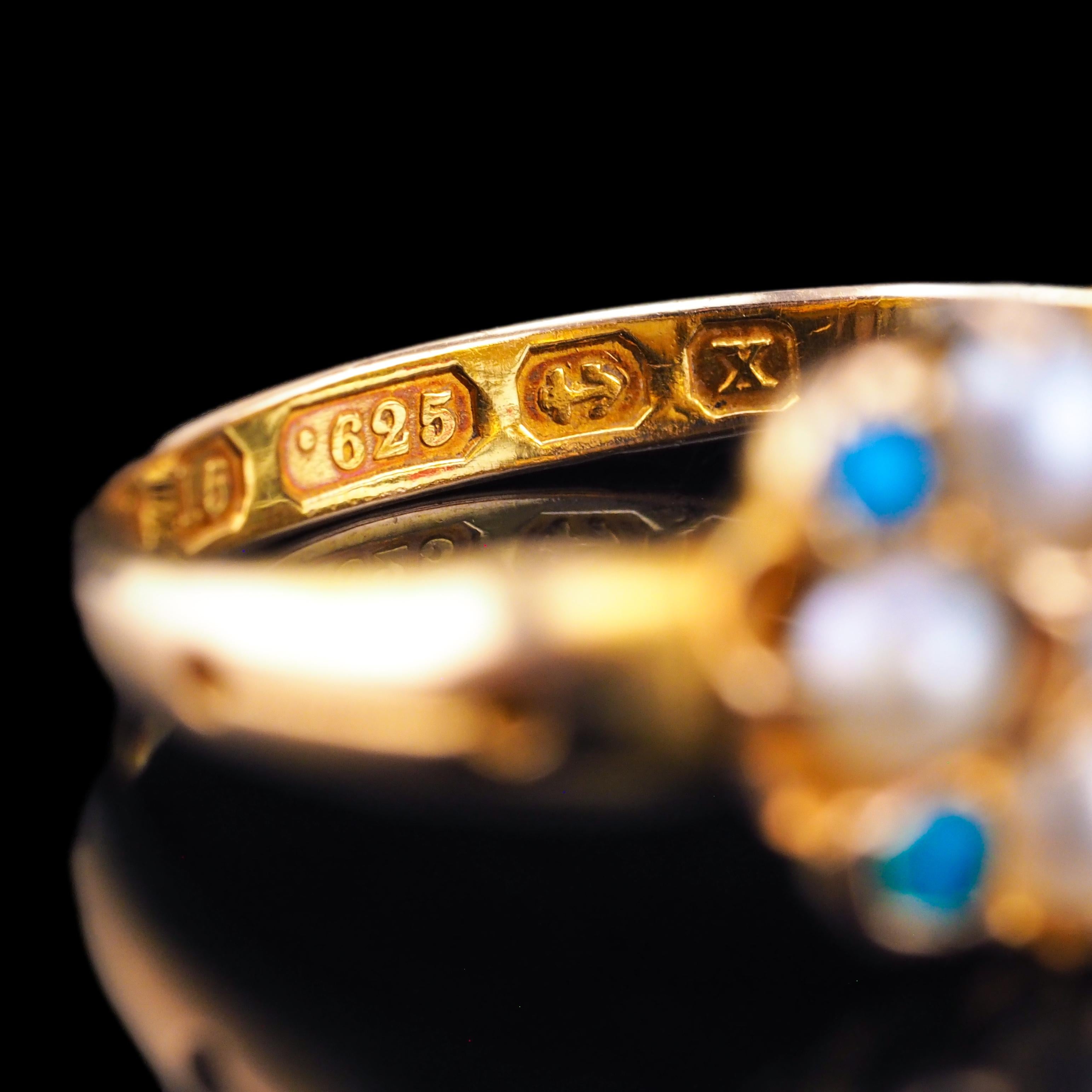 Antique Turquoise, Diamond & Pearl Ring 15K Gold Victorian Flower Cluster 1897 For Sale 9