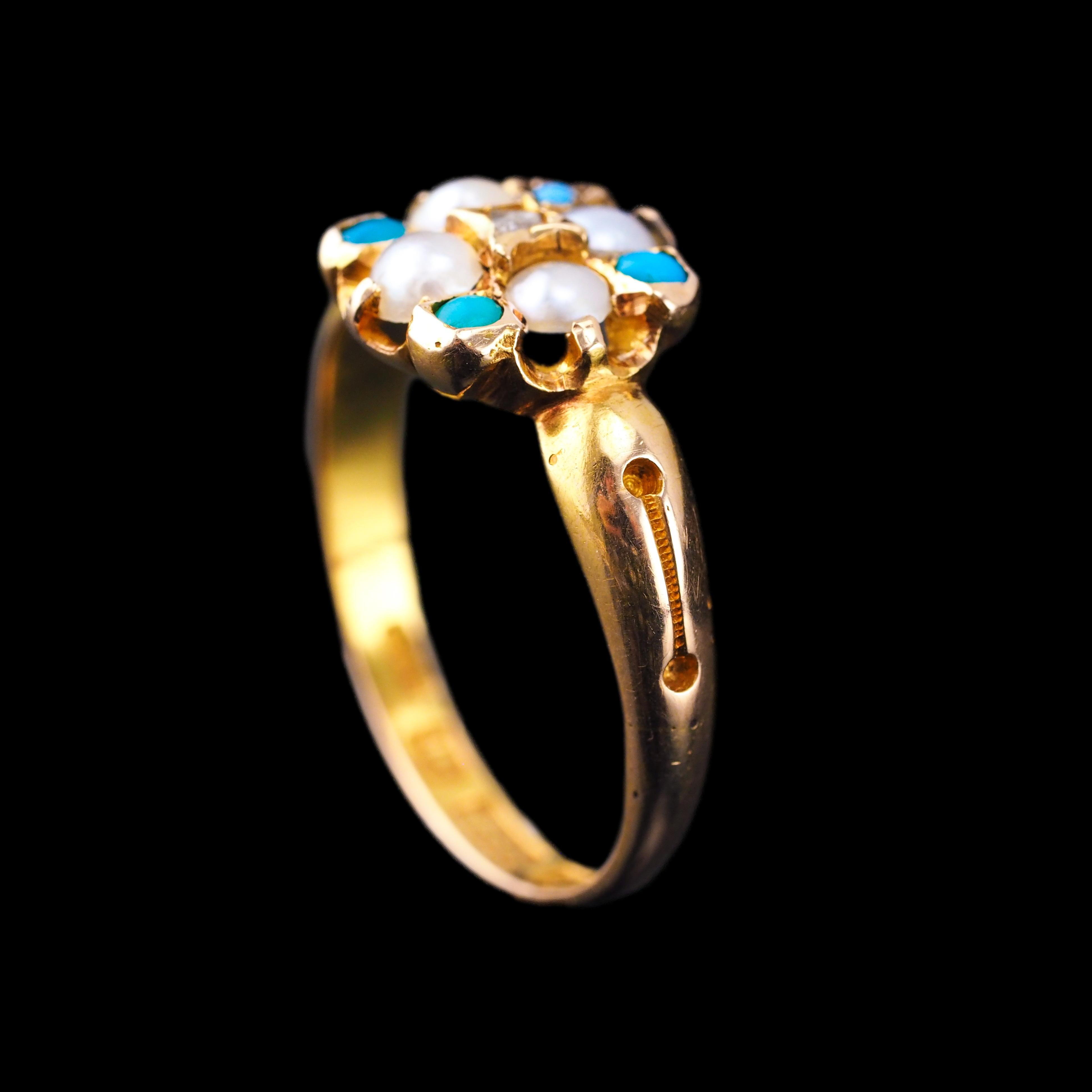 Antique Turquoise, Diamond & Pearl Ring 15K Gold Victorian Flower Cluster 1897 For Sale 11