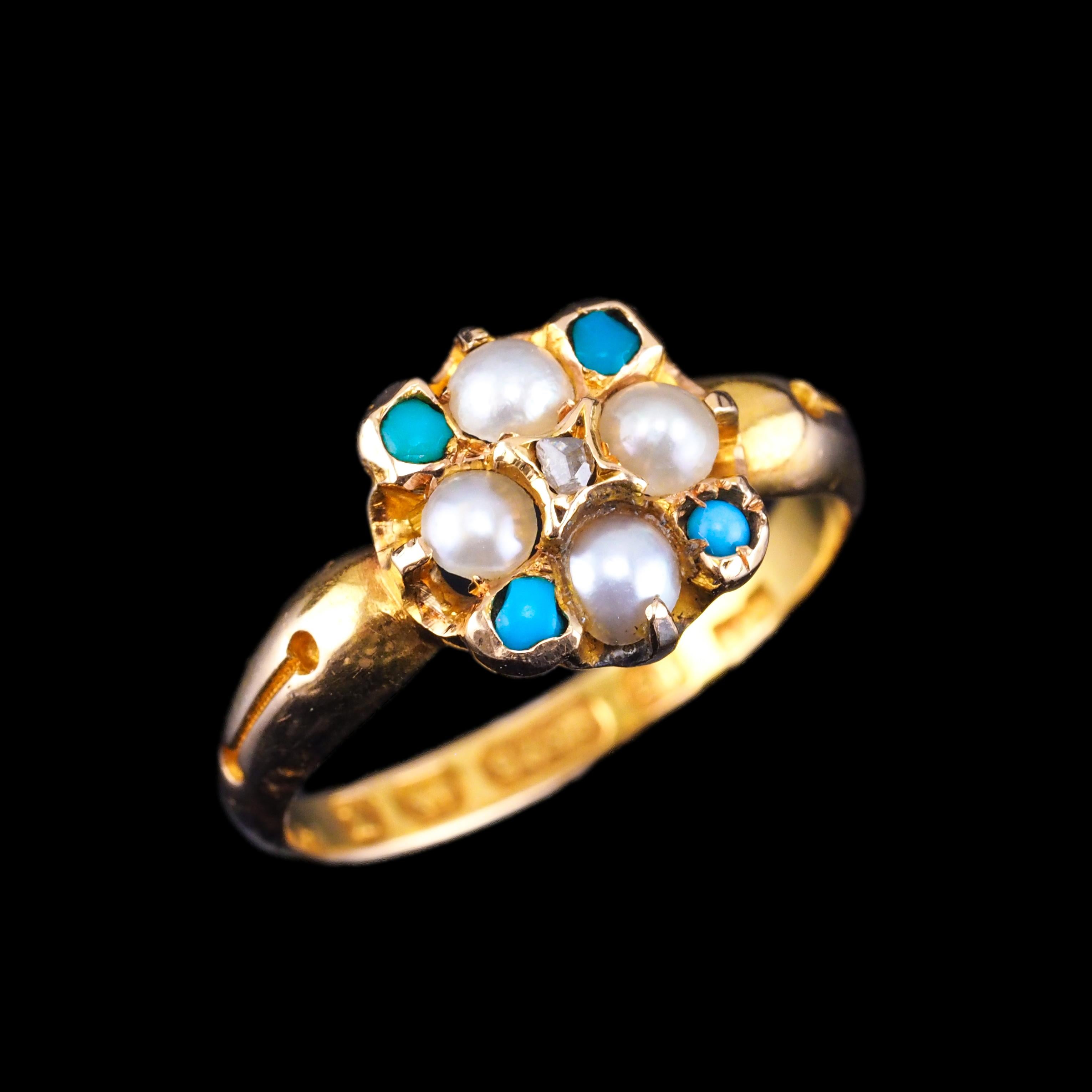 Antique Turquoise, Diamond & Pearl Ring 15K Gold Victorian Flower Cluster 1897 For Sale 12