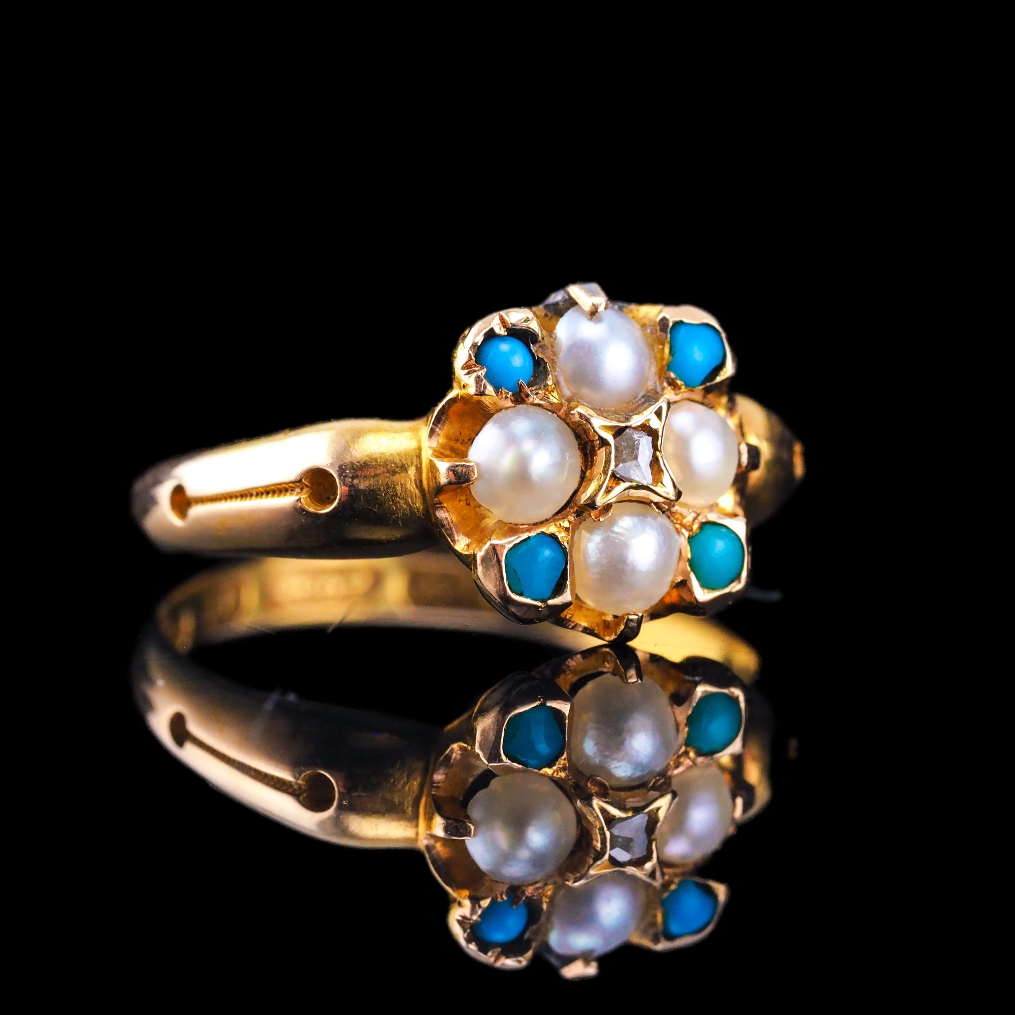 We are delighted to offer this fabulous antique Victorian ring made in Birmingham in 1897.

The ring features a charming flower cluster design at the top adorned with 4 turquoise gemstones, pearls and once central antique rose-cut diamond.

The gold