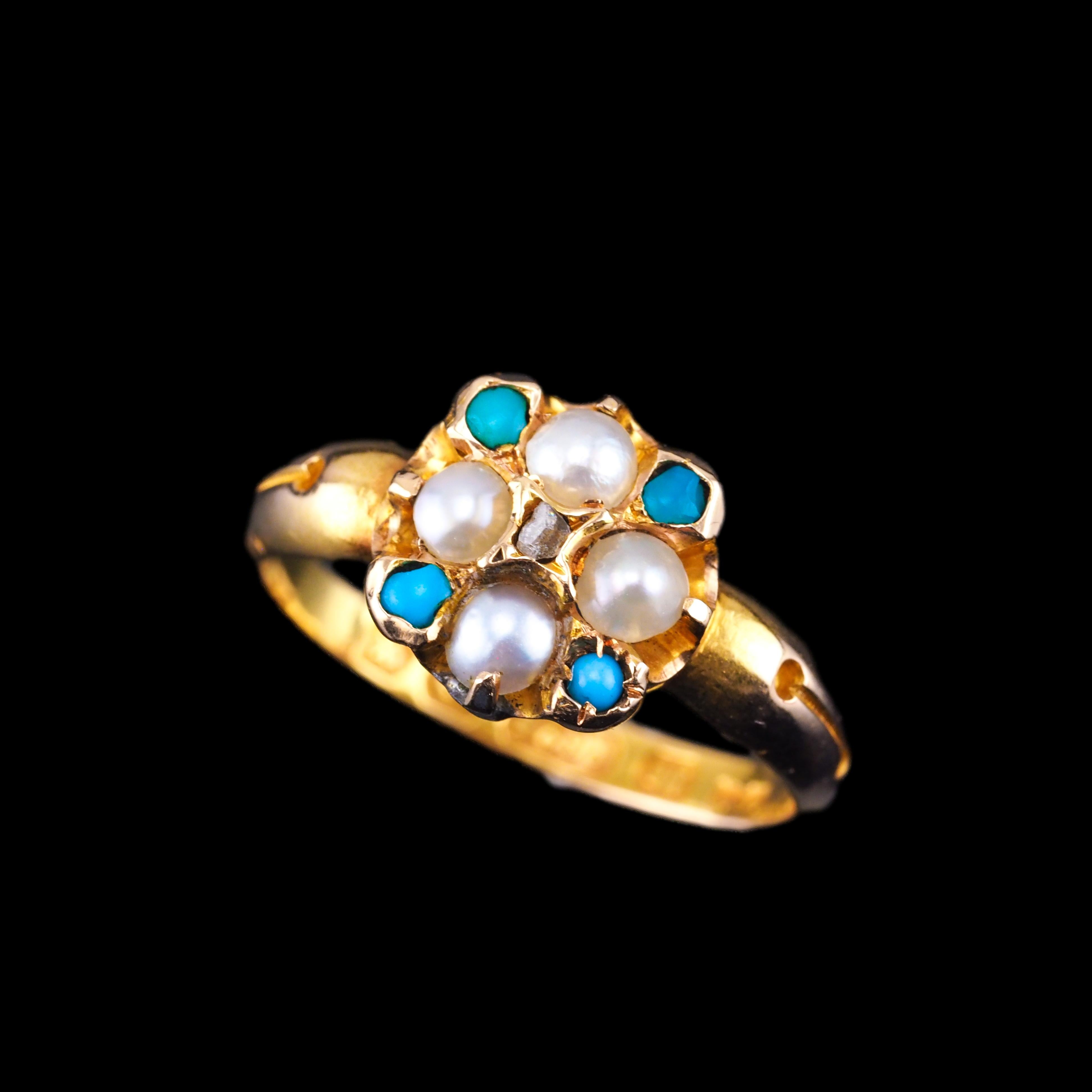 Rose Cut Antique Turquoise, Diamond & Pearl Ring 15K Gold Victorian Flower Cluster 1897 For Sale