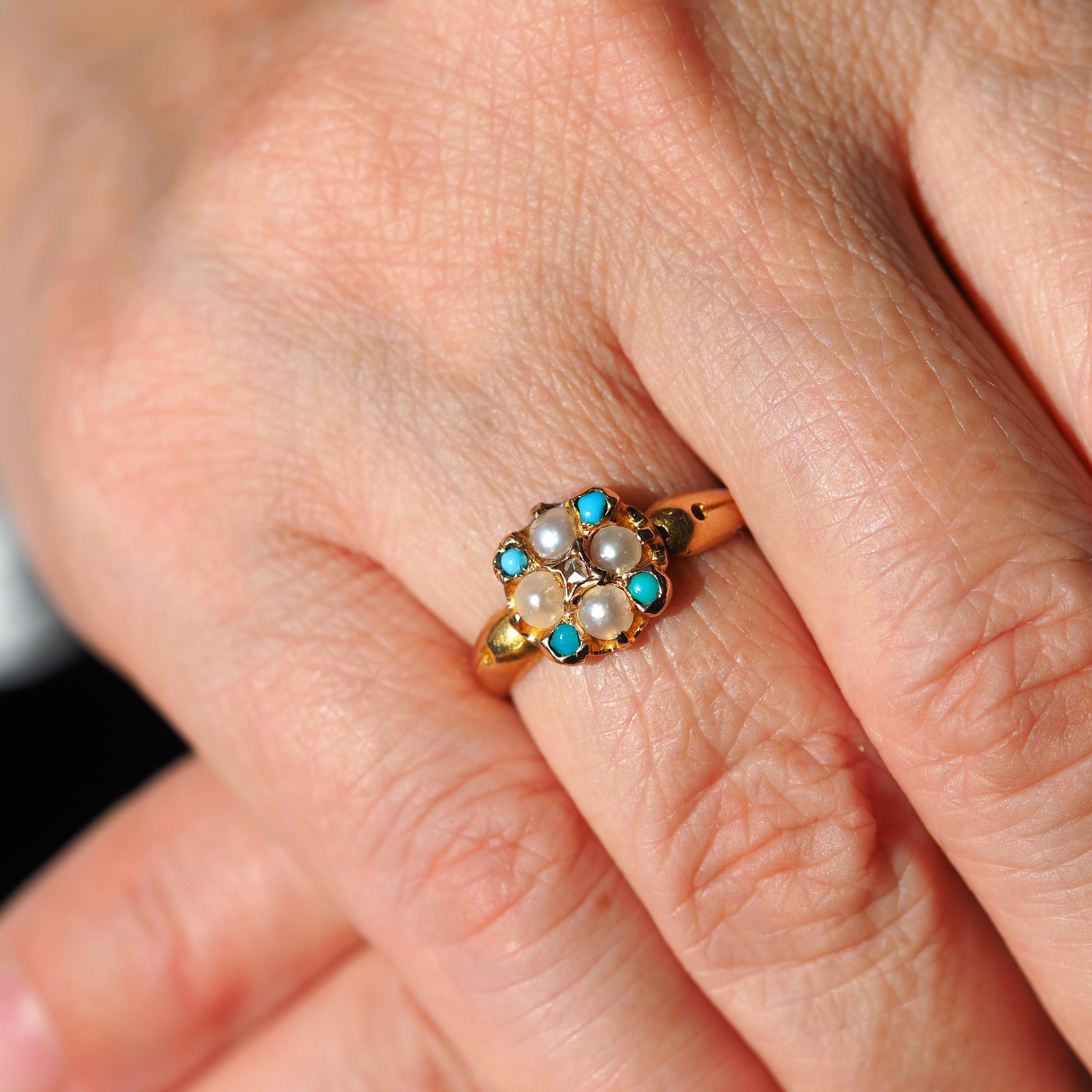 Antique Turquoise, Diamond & Pearl Ring 15K Gold Victorian Flower Cluster 1897 In Good Condition For Sale In London, GB