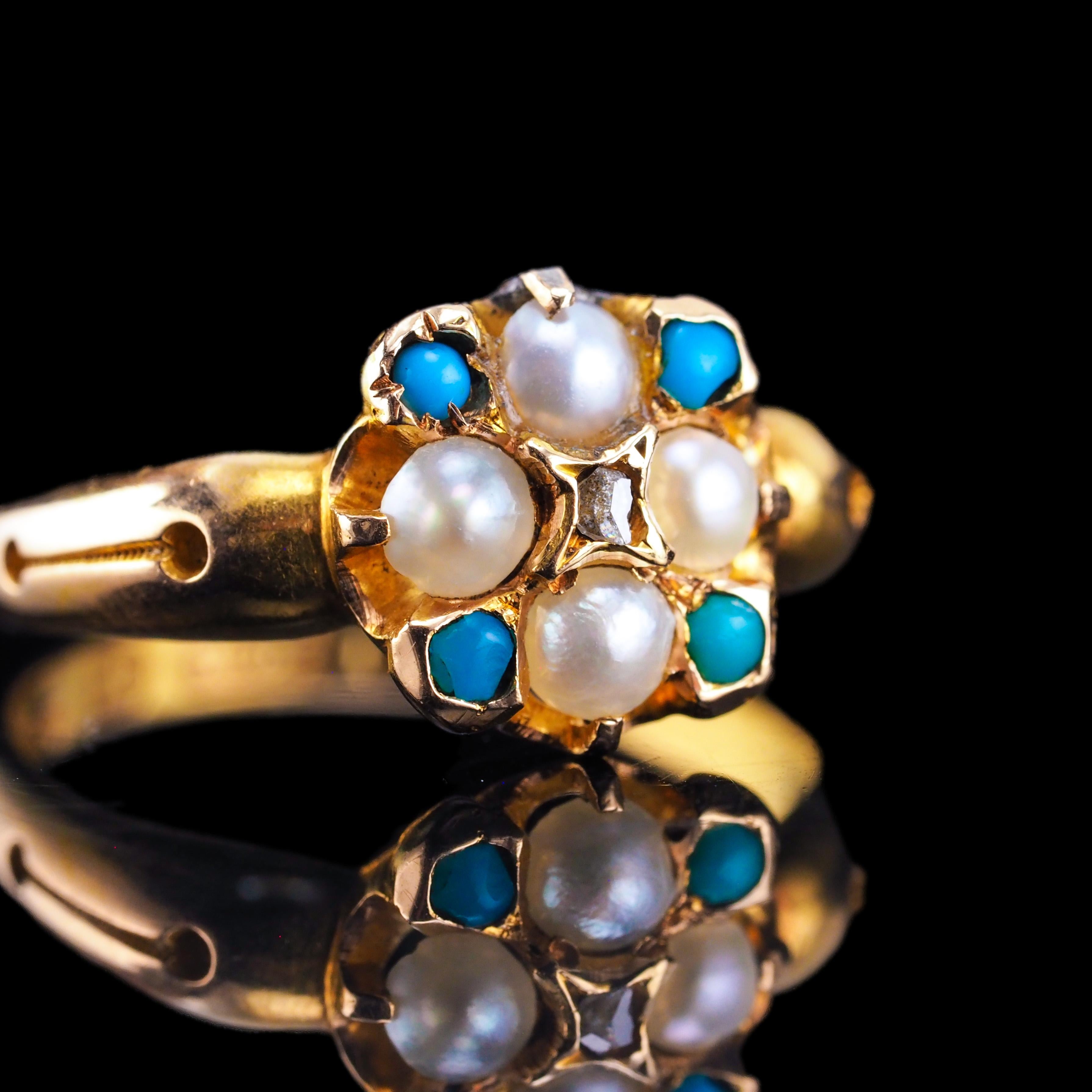 Women's or Men's Antique Turquoise, Diamond & Pearl Ring 15K Gold Victorian Flower Cluster 1897 For Sale
