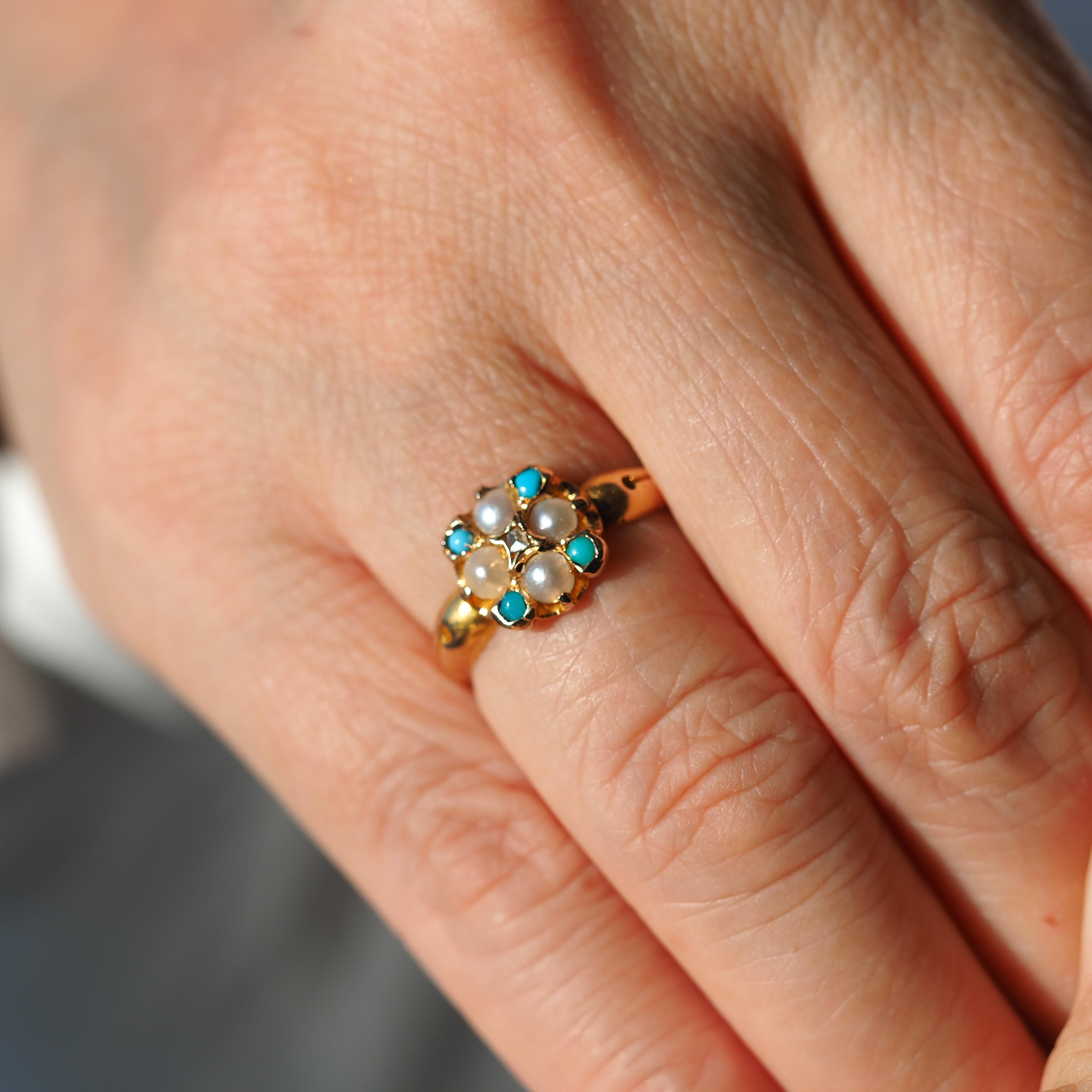Antique Turquoise, Diamond & Pearl Ring 15K Gold Victorian Flower Cluster 1897 For Sale 1