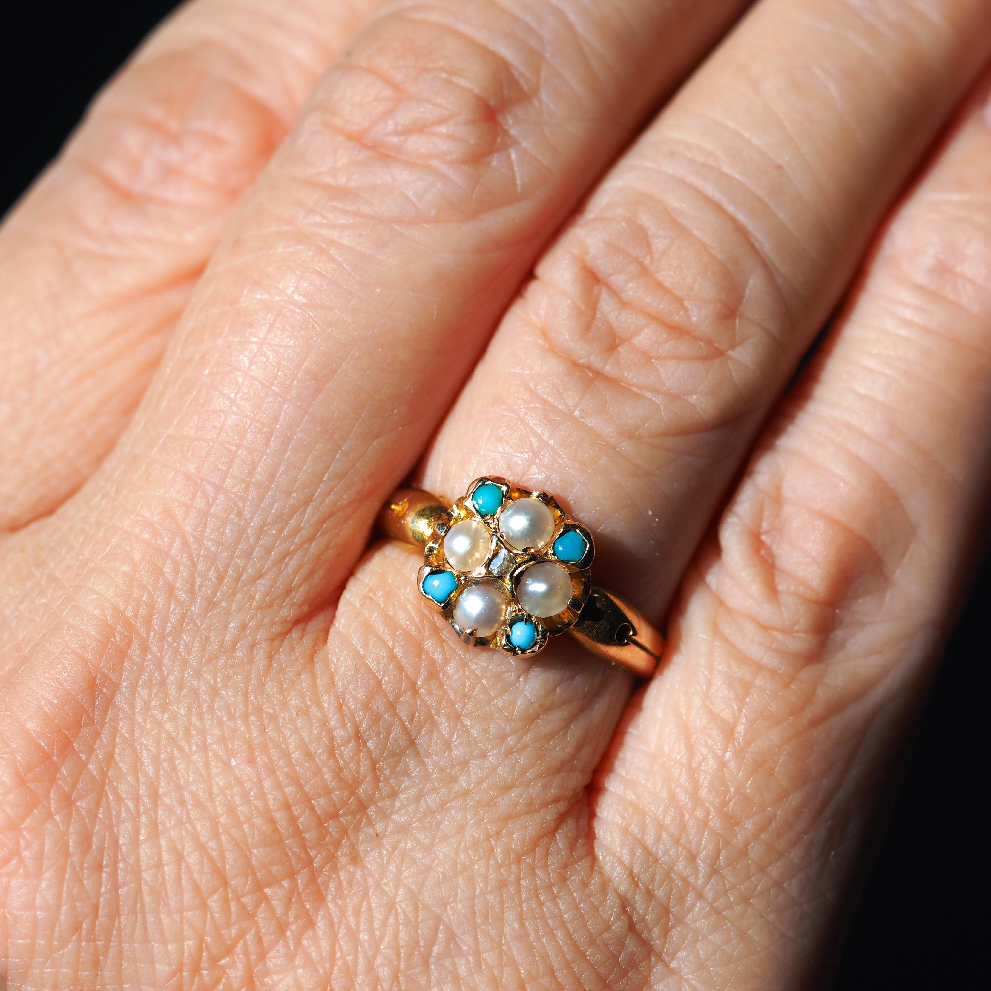 Antique Turquoise, Diamond & Pearl Ring 15K Gold Victorian Flower Cluster 1897 For Sale 2
