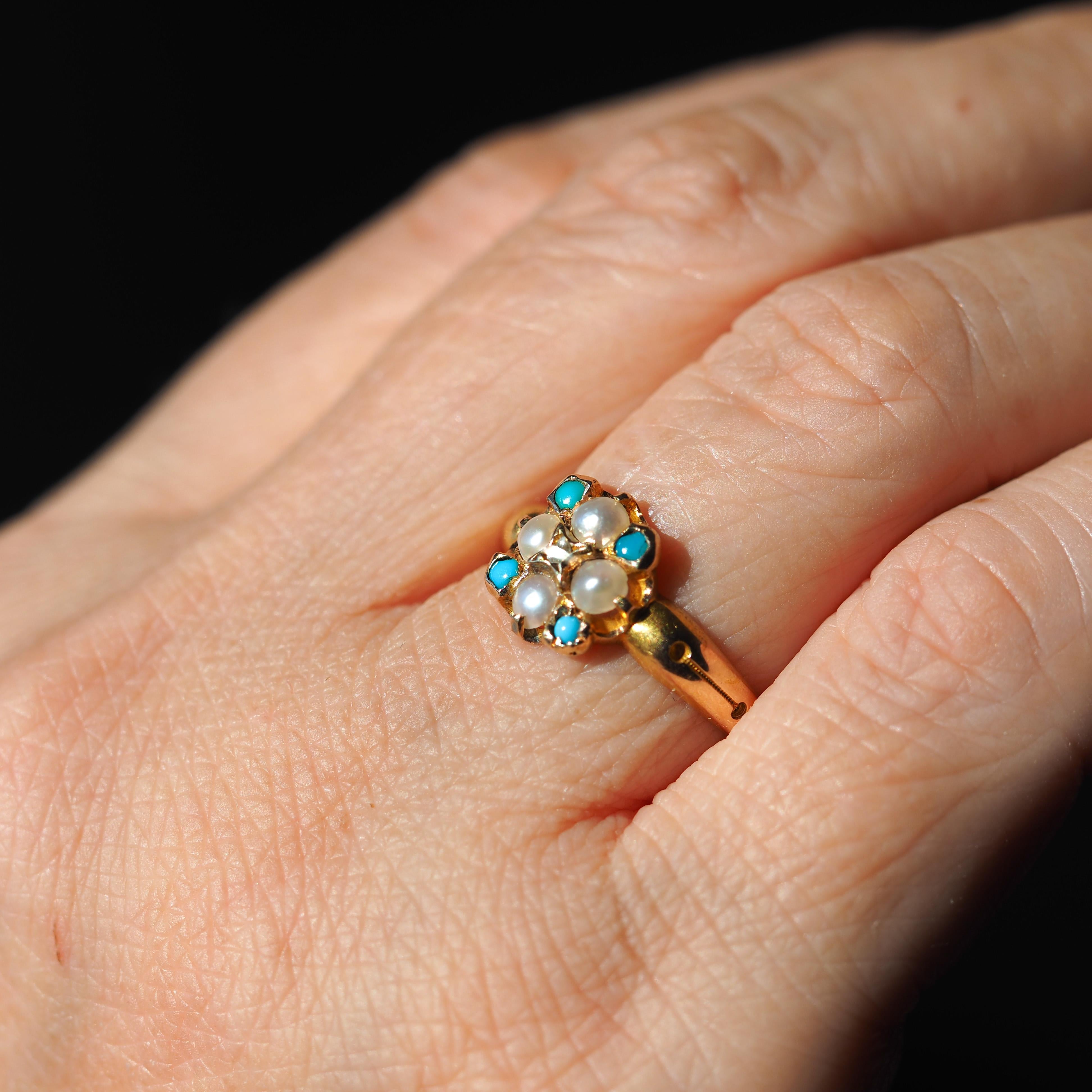 Antique Turquoise, Diamond & Pearl Ring 15K Gold Victorian Flower Cluster 1897 For Sale 3