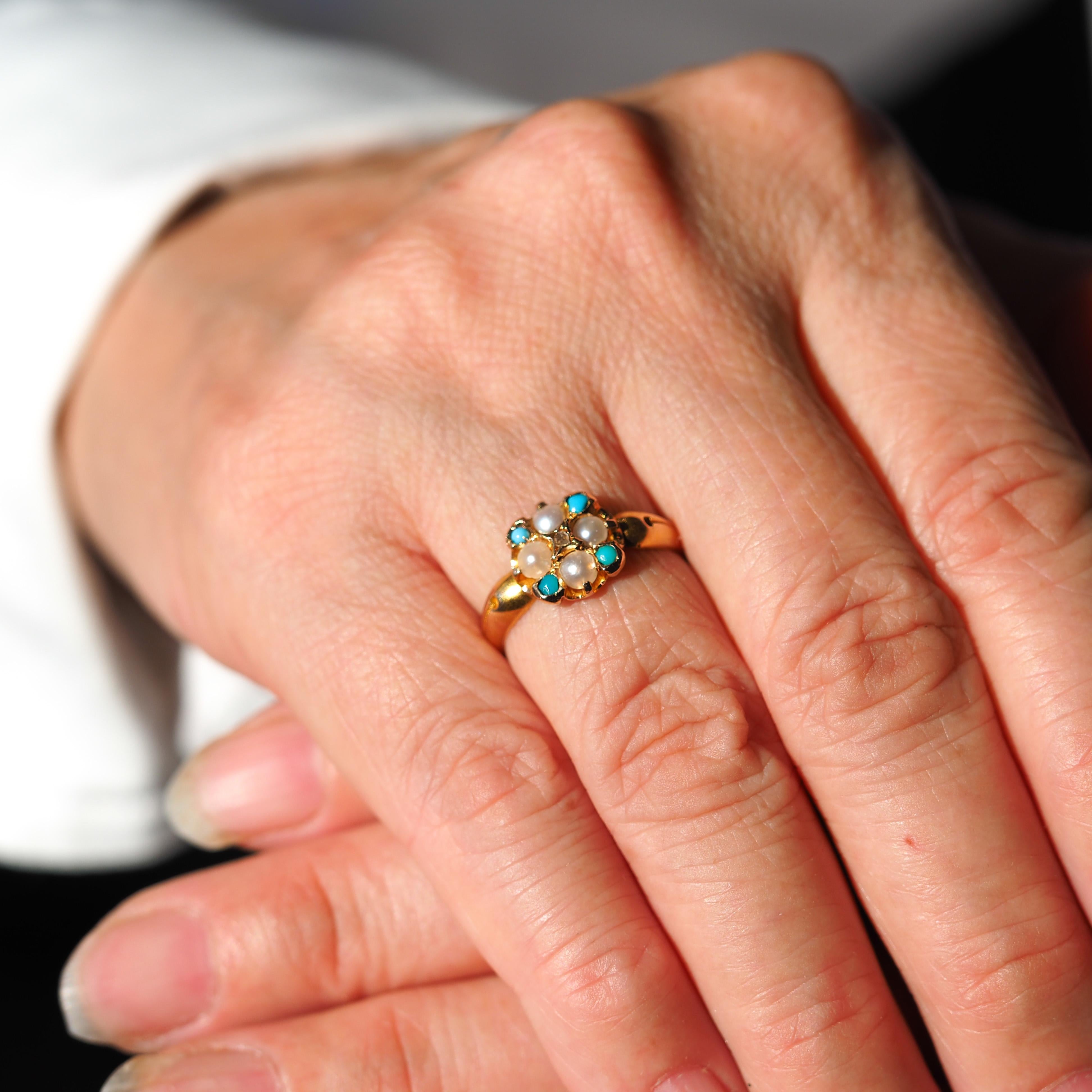 Antique Turquoise, Diamond & Pearl Ring 15K Gold Victorian Flower Cluster 1897 For Sale 4