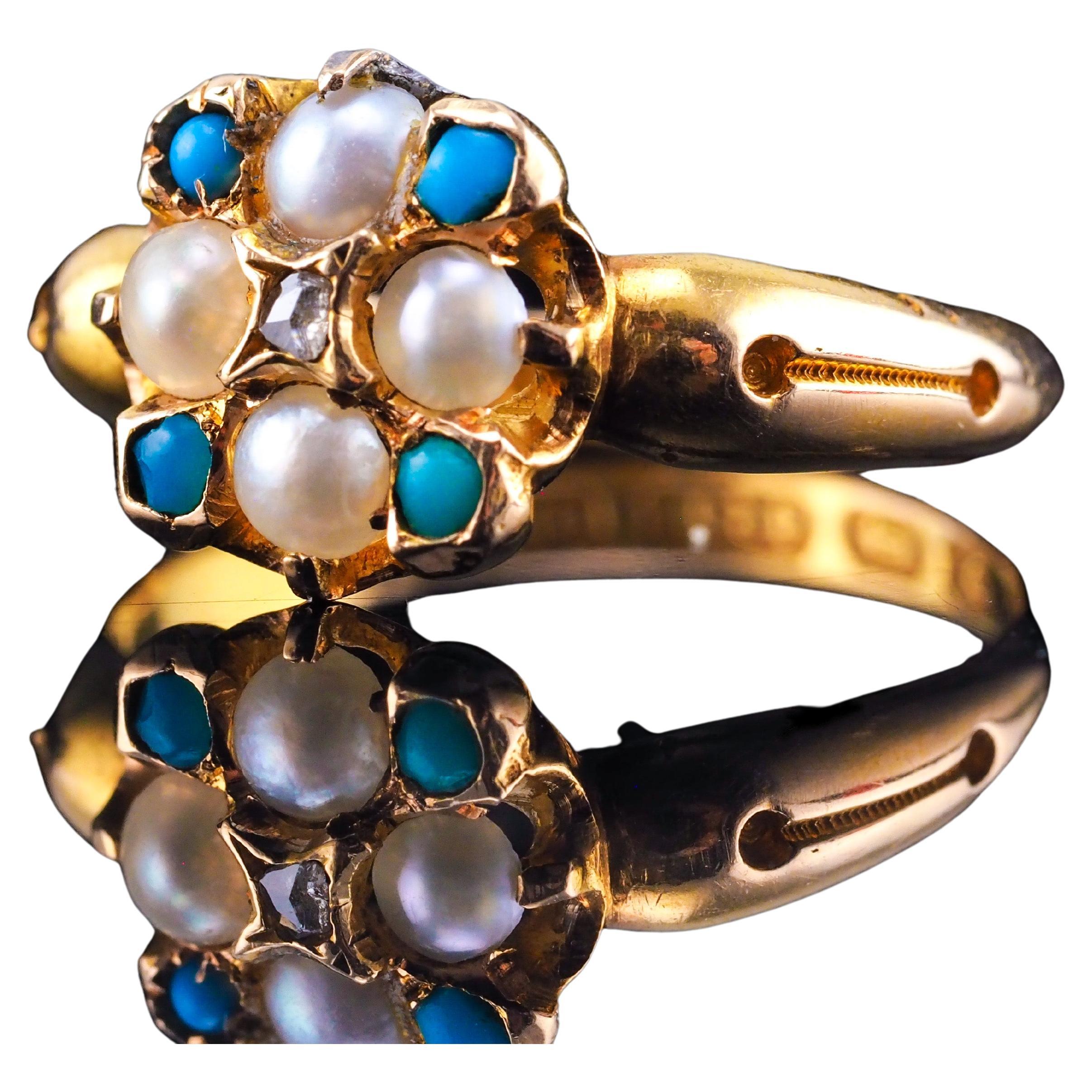 Antique Turquoise, Diamond & Pearl Ring 15K Gold Victorian Flower Cluster 1897 For Sale
