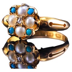 Antique Turquoise, Diamond & Pearl Ring 15K Gold Victorian Flower Cluster 1897
