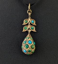 Antique Turquoise drop pendant, 9k yellow gold