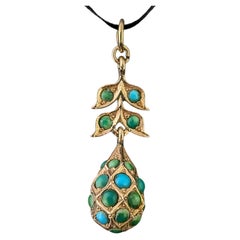 Antique Turquoise drop pendant, 9k yellow gold